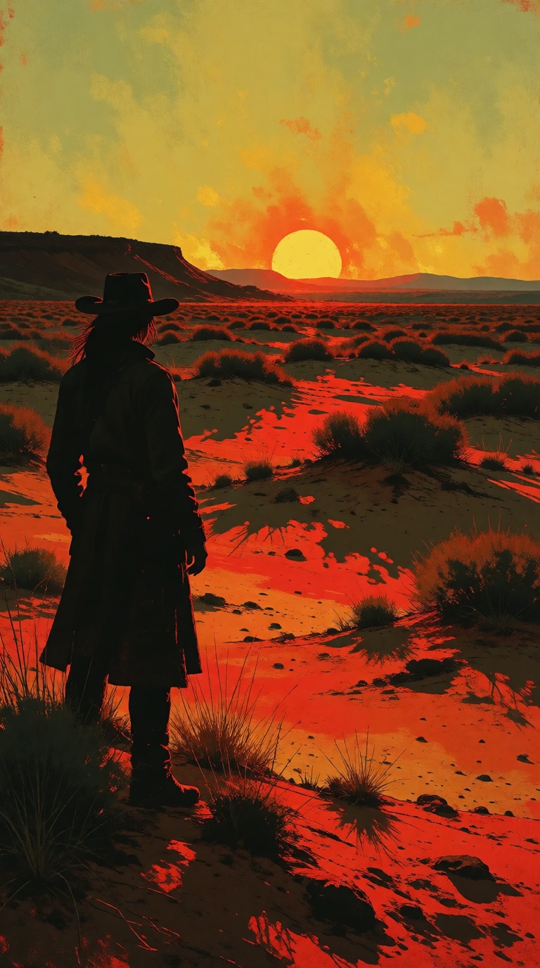 V1nt4geStyle,  an oil painting. The background is a prairie at sunset,  the setting sun highlights the sandy land on Tenso...