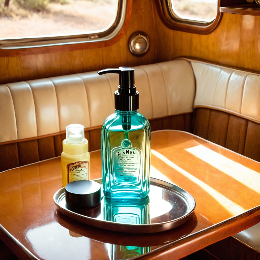 scenevintatrave,  a glass skincare bottle,  vintage travel trailer interior table on Tensor.Art