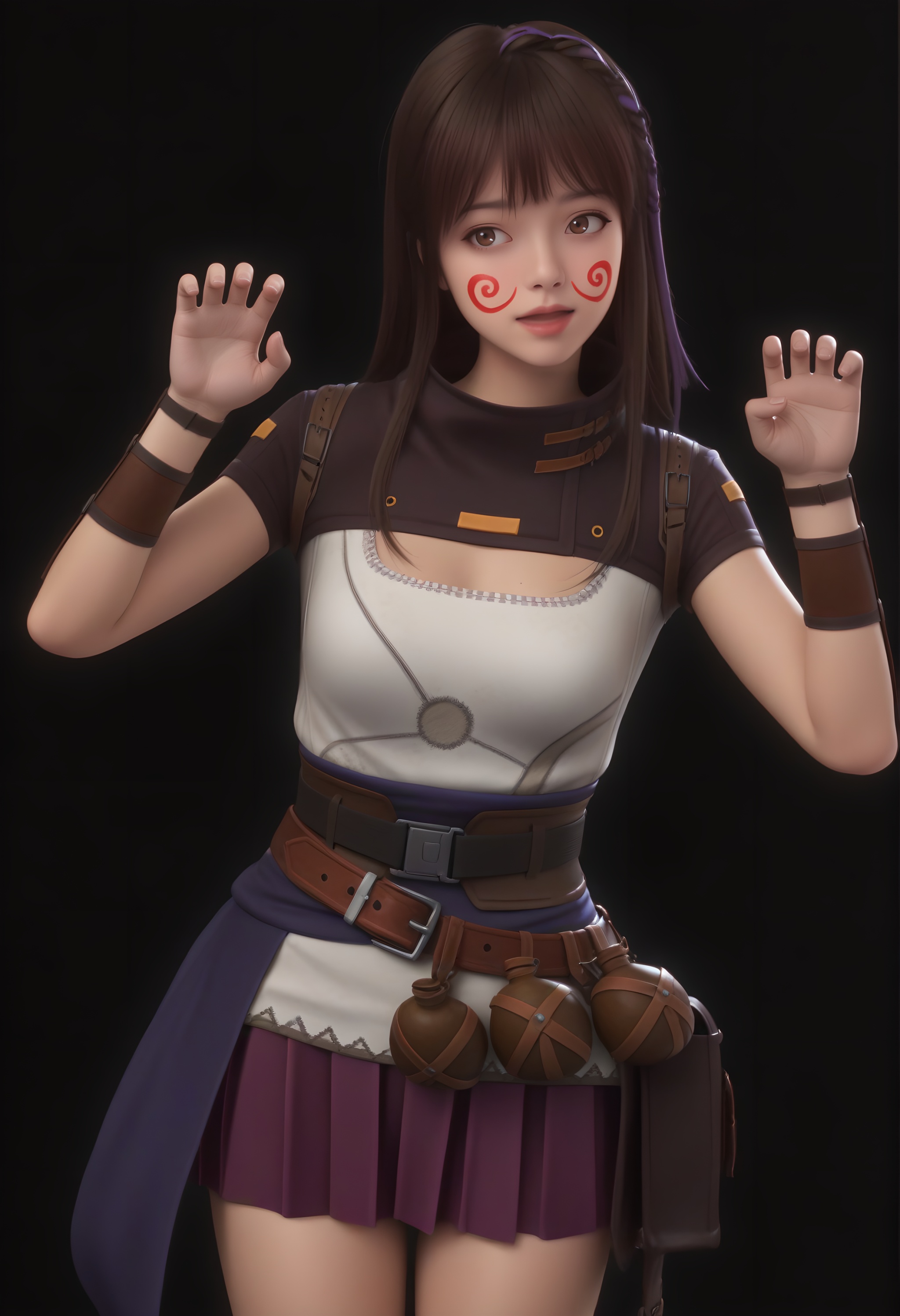 <lora:夏豆-ill:0.85>,1girl,solo,long hair,braid,red facepaint,purple braid highlight,dark brown hair,brown eyes,white top,short sleeve top,high collar,utility belt,pleated skirt,purple skirt,layered outfit,bracer,pouch,thighs,paw_pose,claw_pose,BREAKwhite skin,(white_skin:1.1),((light_skin)),simple background,black background,