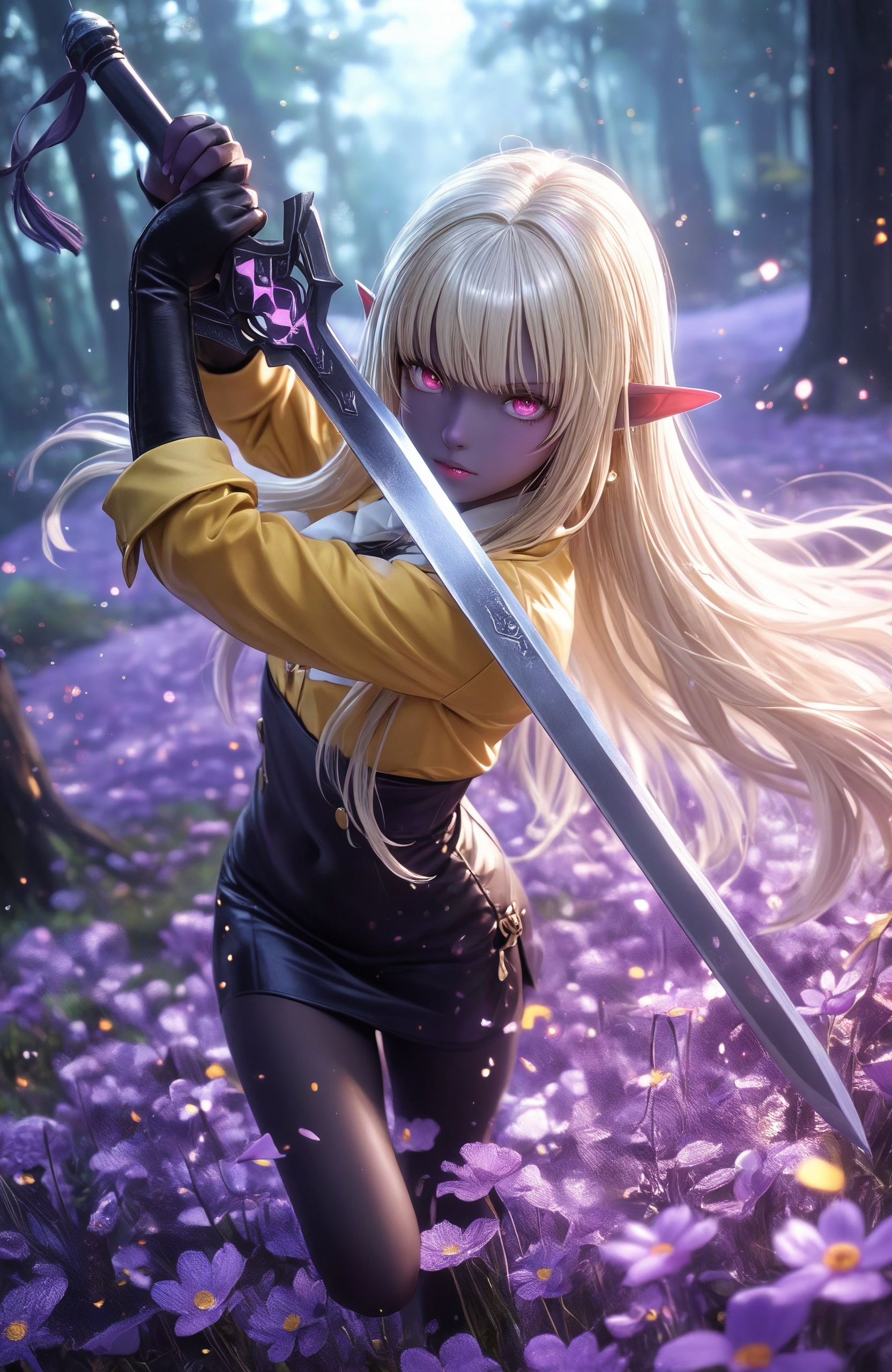 masterwork,masterpiece,best quality,depth of field,nsfw BREAK dramatic lighting BREAK dark elf,grey purple skin tone,hot pink eyes,petite,very long white blonde hair,forest meadow of flowers,holding sword,large rune sword BREAK dynamic motion,fighting stance,dutch angle,yellow shirt,black_pantyhose,pencil_dress,in the style of fashion photography,extreme aesthetic,light particles,cinematic lighting,Visual impact,sharp focus,Emotionalization,impactful picture,dynamic pose,from above,