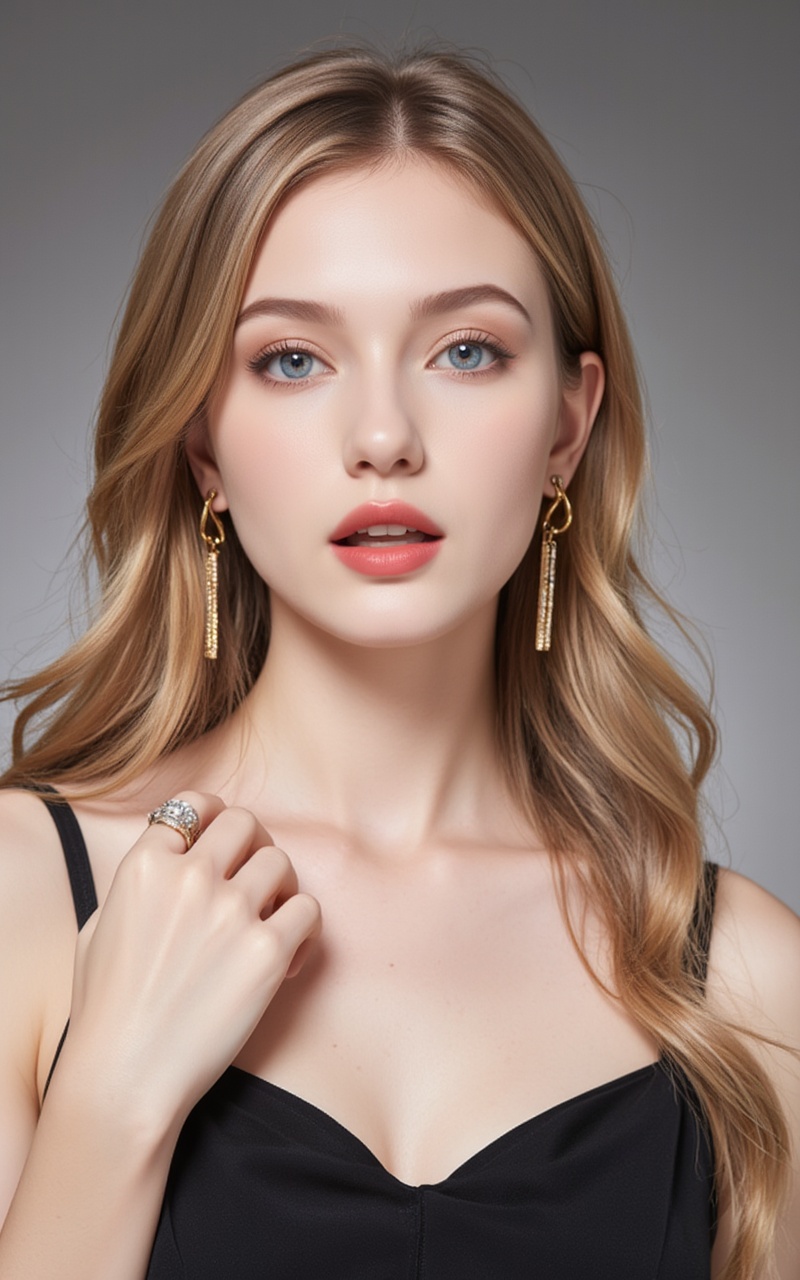 <lora:模特18:1>,mote,long hair,blonde hair,jewelry,earrings,blue eyes,ring,lips,red_lips_,1girl,solo,jewelry,earrings,looking at viewer,realistic,upper body,grey background,camisole,black camisole,collarbone,open mouth,cover,simple background,gradient background,close-up details,outstanding style,adding a touch of dimension to your images without compromising details,close-up,<lora:DJ滤镜_2.5D版:0.3>,lvjing,<lora:油画唯美滤镜15:0.3>,baoshi,<lora:皮肤质感10:0.4>,pifu,