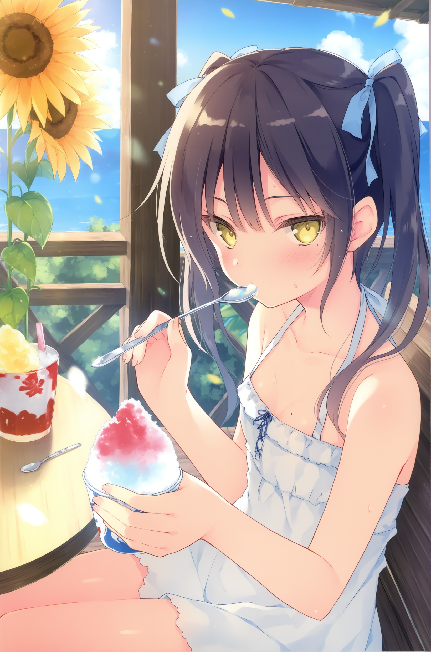 rurudo,1girl,solo,dress,black hair,flower,looking at viewer,twintails,sitting,food,white dress,outdoors,ribbon,holding,collarbone,shaved ice,ocean,day,sunflower,bangs,hair ribbon,sweat,sleeveless dress,sleeveless,blush,long hair,blue ribbon,spoon,bare shoulders,bench,petals,yellow eyes,sky,cup,cloud,ice cream,mole,small breasts,breasts,mole on breast,holding spoon,