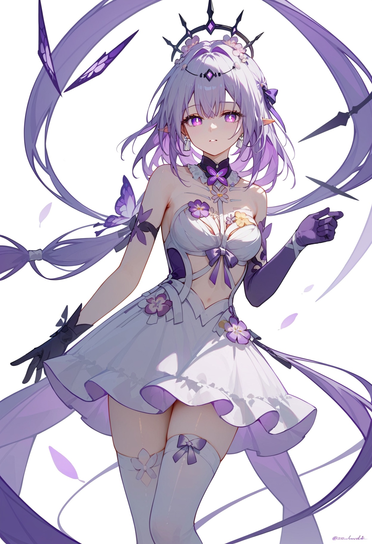 <lora:瑕蝶pony:1>,xiadie,a girl named xiadie,1girl,solo,bare shoulders,white dress,black gloves,purple gloves,elbow gloves,purple flower,white thighhighs,, (score_9,score_8_up,score_7_up),(masterpiece,best quality,high quality:1.2),absurdres, prefect lighting, very aesthetic, anime BREAK