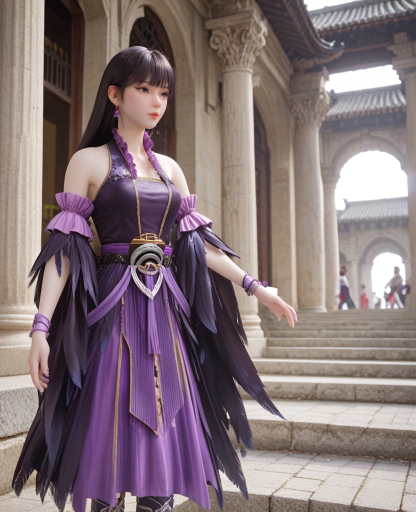 (oriental architecture, elegant decor, sophisticated style:1.1),(skating with roller skates:1.1),(breasts:1.2),<lora:XL修罗武神大蛋蛋:0.95>,miss dandan,black dress,belt,purple frills,bare shoulders,black hair,bangs,long hair,earrings,detached sleeves,feather trim,pelvic curtain,feathers fart curtain with purple petticoat underneath,bracelet,, score_9,score_8_up,score_7_up,score_6_up,score_5_up,score_4_up,3d rendering,tag1,tag2, Cinematic Lighting,backlighting,