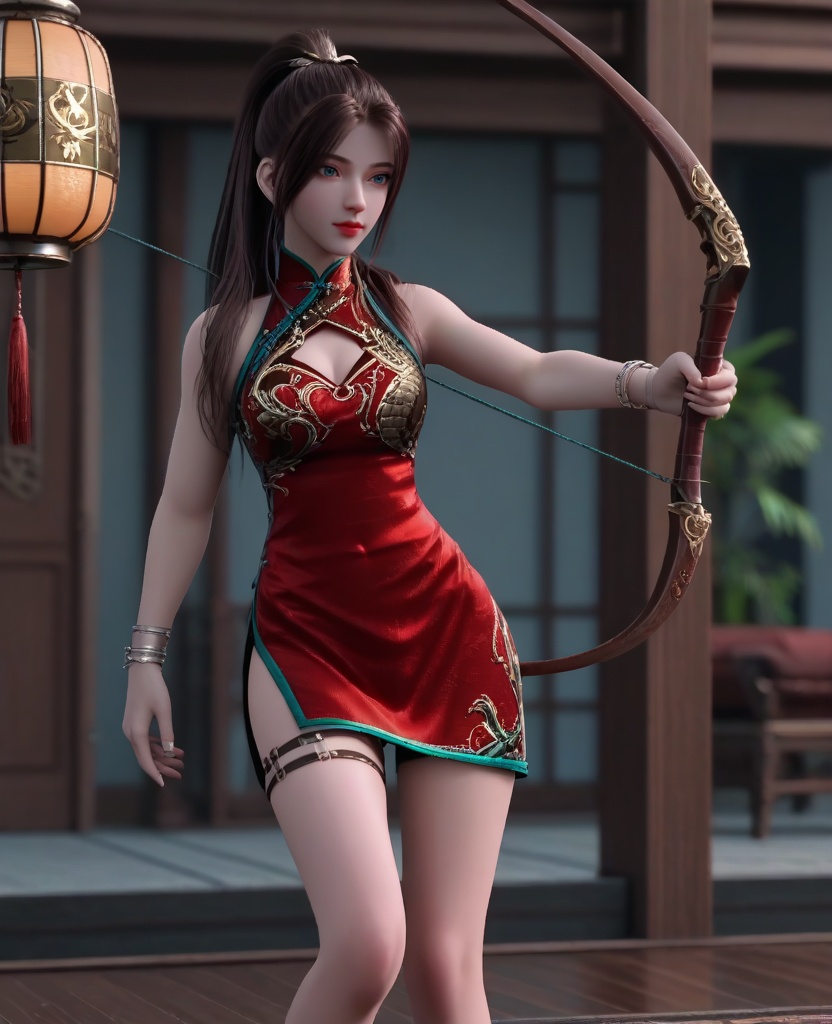(oriental architecture, elegant decor, sophisticated style:1.1),(Gently pulling at an imaginary necklace near her collarbone, with her eyes locked onto an unseen lover, she portrays deep longing and irresistible charm:1.1),arrows,archery bow,bowstring,quiver,draw the bow,nock an arrow,draw and aim,arrow,weapon,(breasts:1.2),<lora:XL16龙蛇演艺唐紫尘:0.95>,miss tangzichen,red short qipao with embroidery,blue eyes,black hair,ponytail with hair over shoulder,cleavage cutout,red lips,bracelet,jewelry,thigh loops,black high-heeled sandals,, score_9,score_8_up,score_7_up,score_6_up,score_5_up,score_4_up,3d rendering,tag1,tag2, Cinematic Lighting,backlighting,