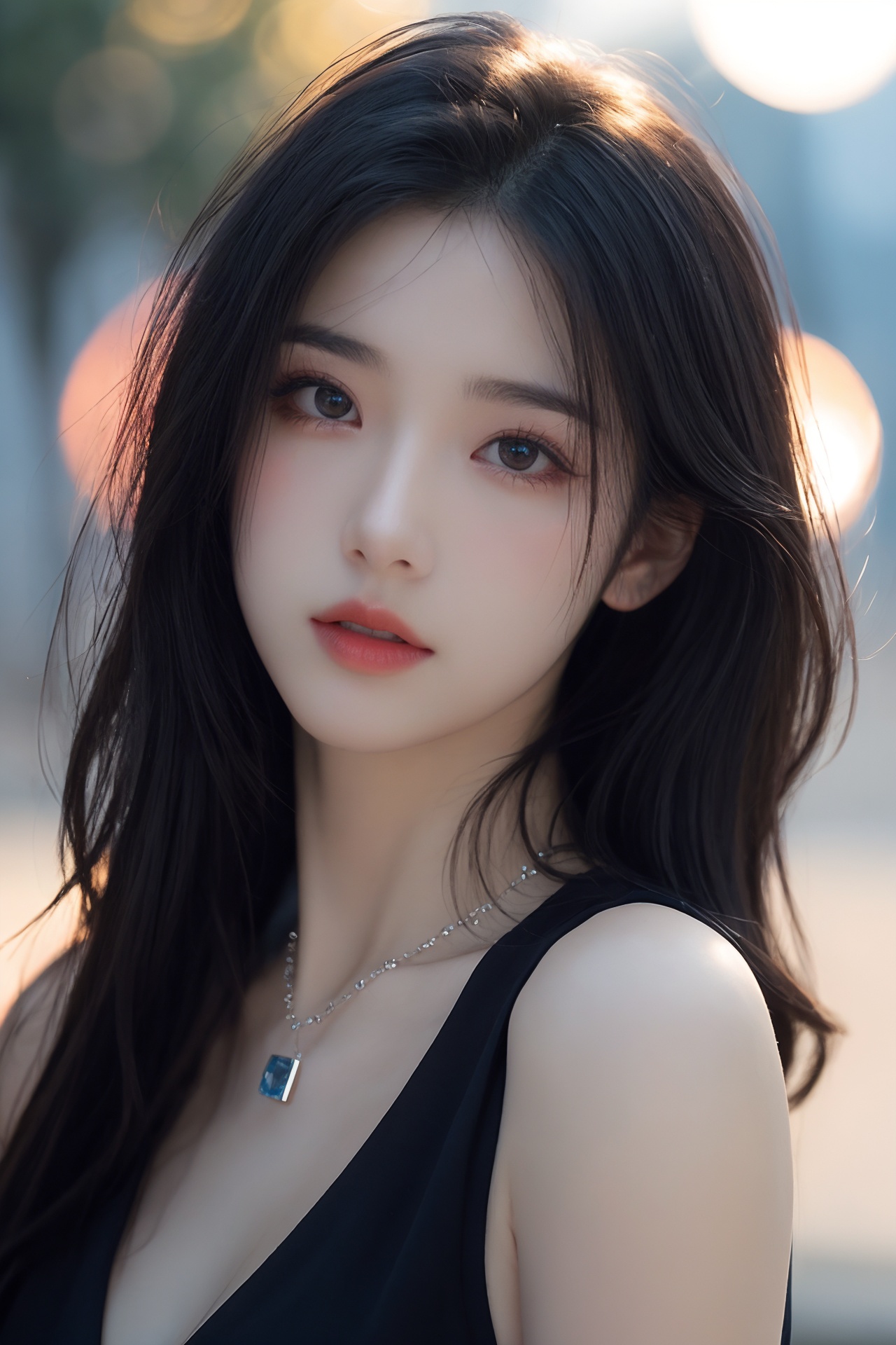 1girl, black hair, blurry, blurry background, bokeh, depth of field, jewelry, lens flare, lips, long hair, looking at viewer, necklace, outdoors, sleeveless, solo <lora:美女:0.8>