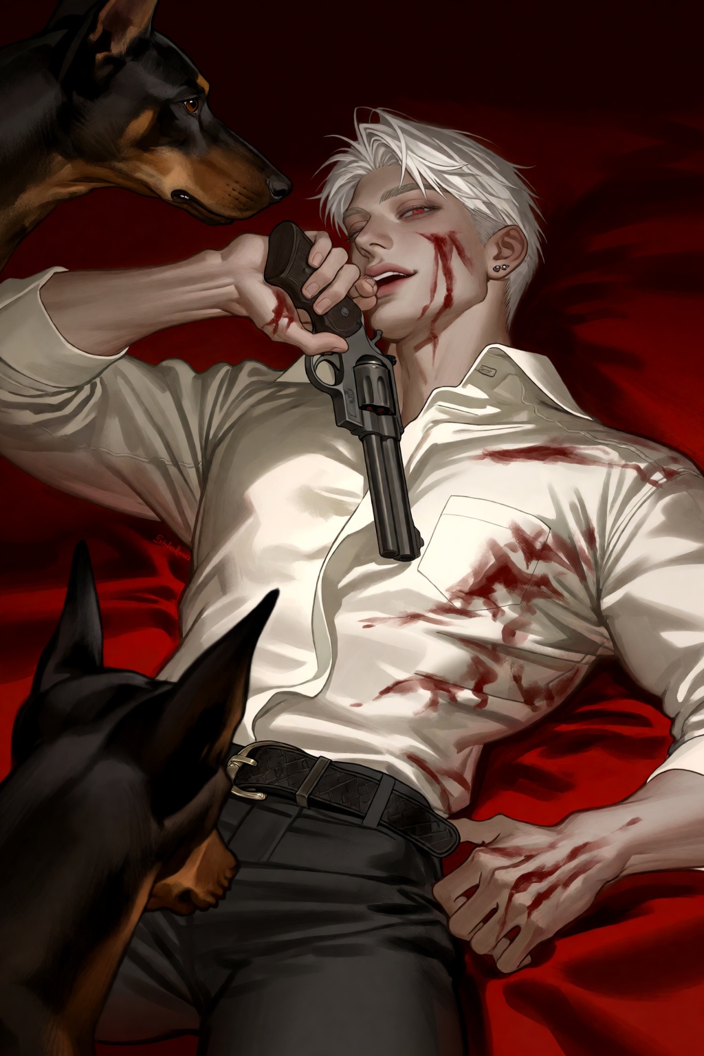 a man with short white hair and red eyes,  lies on his back on a red sheet,  looking directly at the viewer with a smirk....