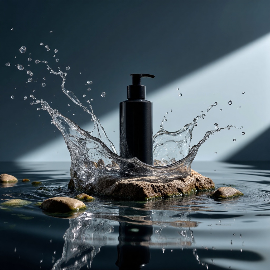 Product Shots,Product photography scene,a black skincare bottle placed on a rock in water,surrounded by transparent splashes,waves,reflections,water droplets,splashes,water ripples,water surface,splashing water,rocks,reflections,transparency,simple background,gradient background,Fujicolor,85mm,Fujifilm,Sony FE GM,UHD,best quality,high quality,HD,8k