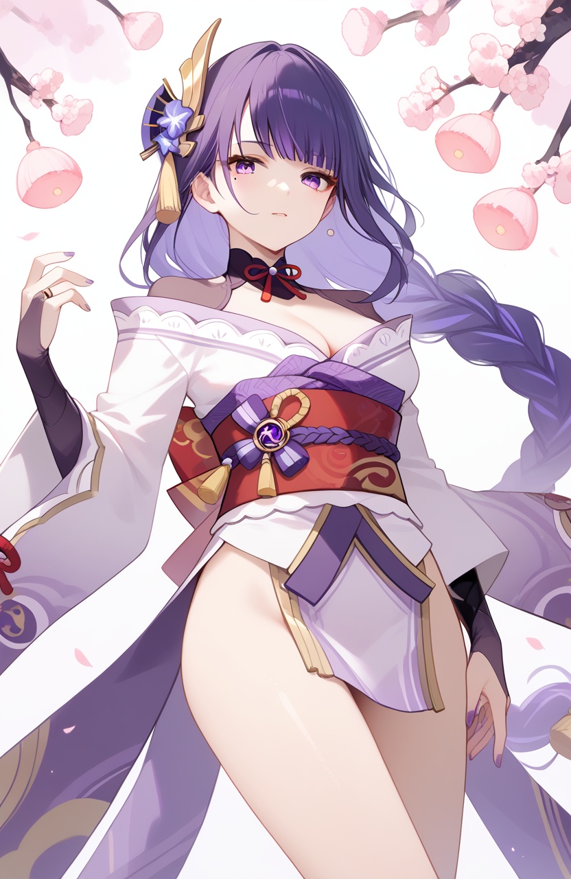 <lora:雷军pony:0.8>,raidenshogun,a girl named raidenshogun,1girl,solo,cleavage,braided ponytail,long sleeves,obi,bridal gauntlets,purple kimono,wide sleeves,looking at viewer,tassel,thighs,purple nails,obijime,<lora:nai3pony:0.5>,<lora:photo_v2:0.0>,, (score_9,score_8_up,score_7_up),(masterpiece,best quality,high quality:1.2),absurdres,