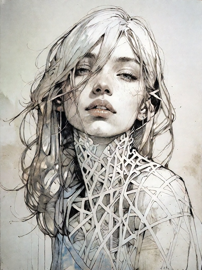 Bradhamel art style. A highly detailed pencil sketch of a woman with long,  tousled hair partially obscuring her face,  ey...