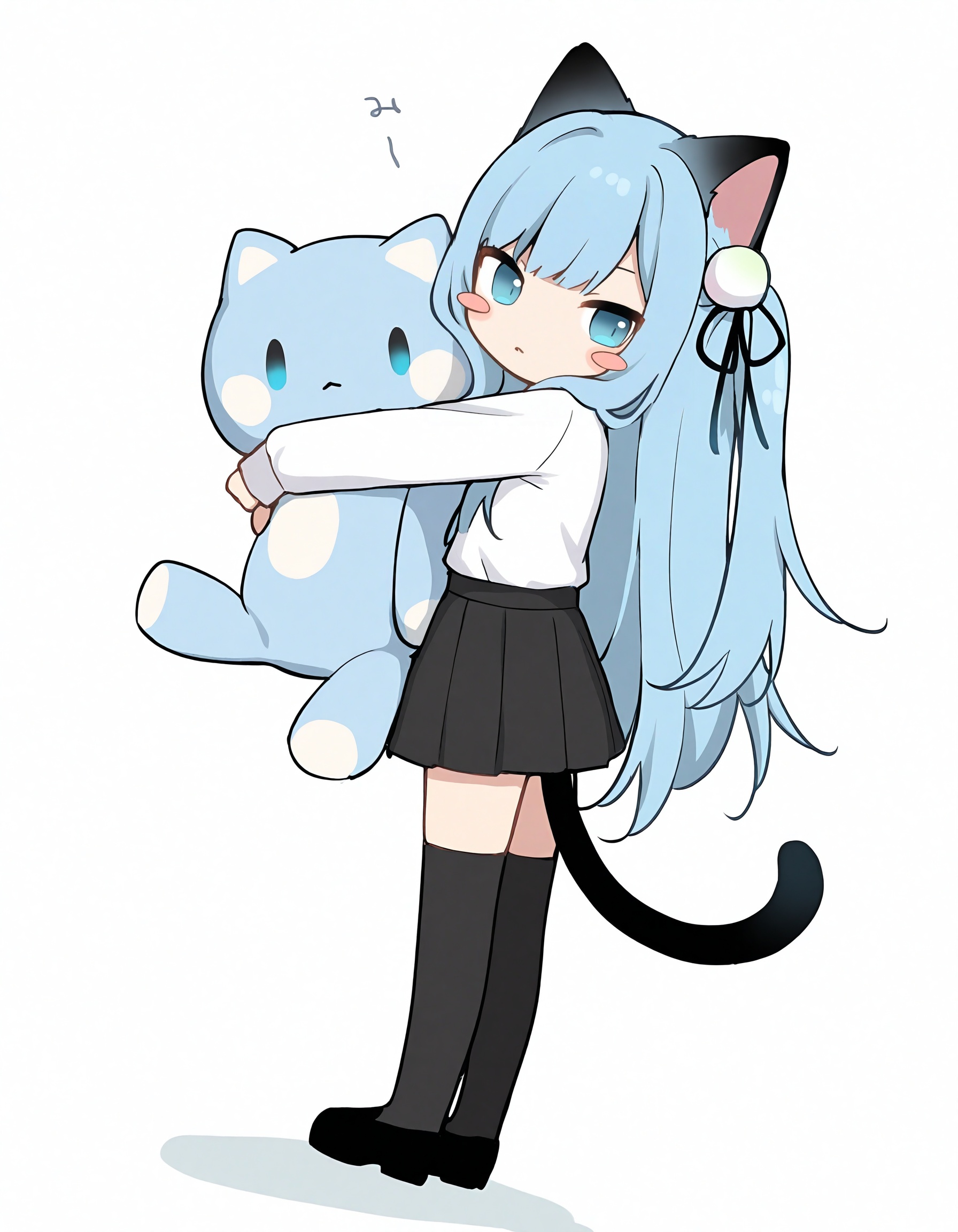 slit_pupils,amashiro natsuki, hair bobble, CHARACTERS-nekohashizuku, 1girl, animal ears, tail, cat ears, cat tail, solo, thighhighs, skirt, blue hair, blue eyes, long hair, long sleeves, stuffed toy, black skirt, white shirt, cat girl, white background, shirt, full body, simple background, stuffed animal, black footwear, shoes, standing, black thighhighs, holding, looking at viewer, sleeves past wrists, stuffed cat, blush, pleated skirt, ribbon, parted lips, black ribbon, looking to the side, very long hair, zettai ryouiki, closed mouth, blush stickers,masterpiece, best quality, newest, highres, absurdres, newest,