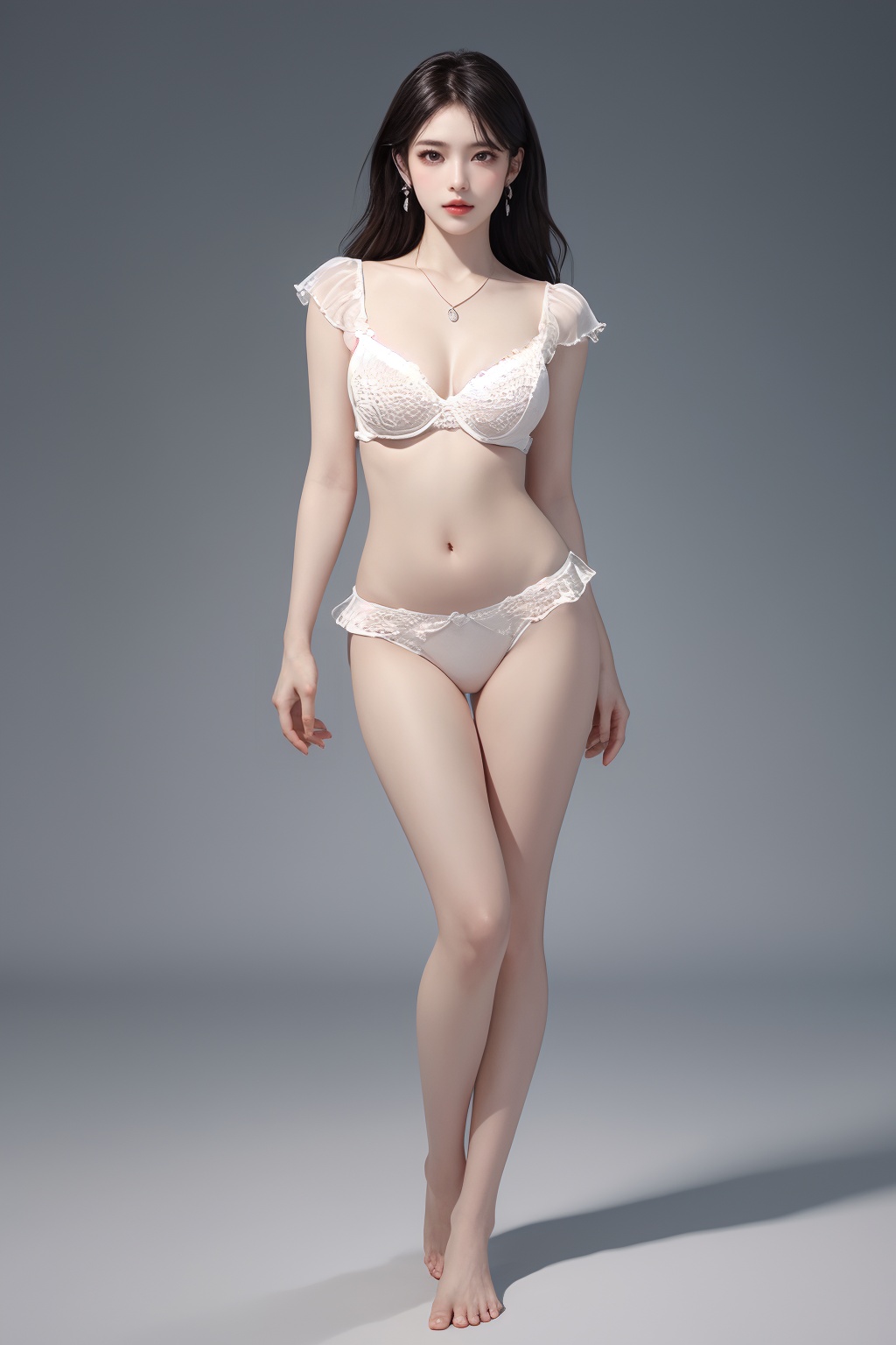 1girl, 3d, barefoot, black hair, breasts, brown eyes, brown hair, earrings, full body, gradient, gradient background, grey background, jewelry, lingerie, lips, long hair, looking at viewer, medium breasts, navel, necklace, panties, photorealistic, realistic, see-through, solo, standing, underwear, white panties ,(puff sleeves:1)<lora:性感美女:0.8>