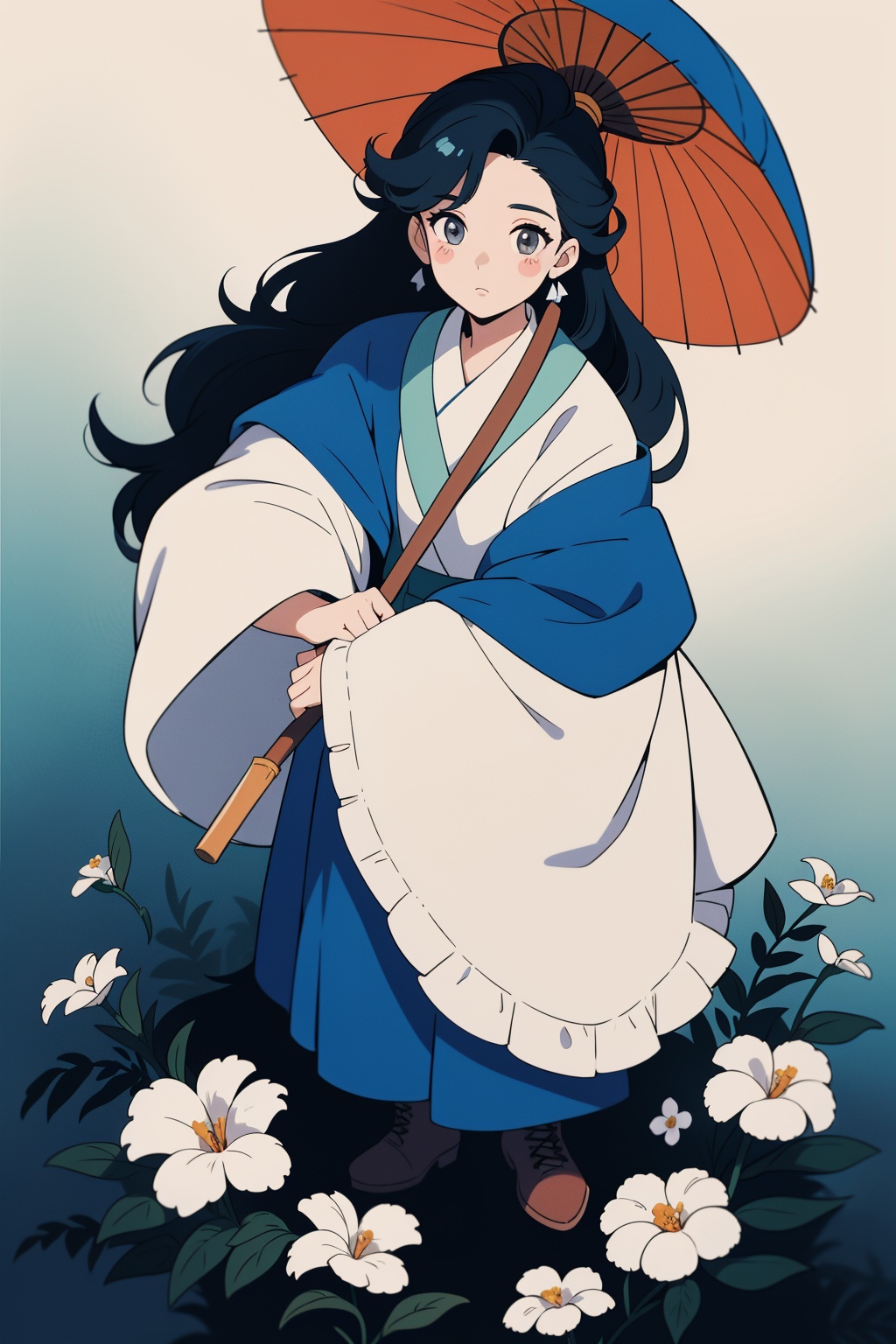 catroon sticker of hawaiian woman with blue flower in her hair with white border on gray background ikeuchi tanuma,  black...
