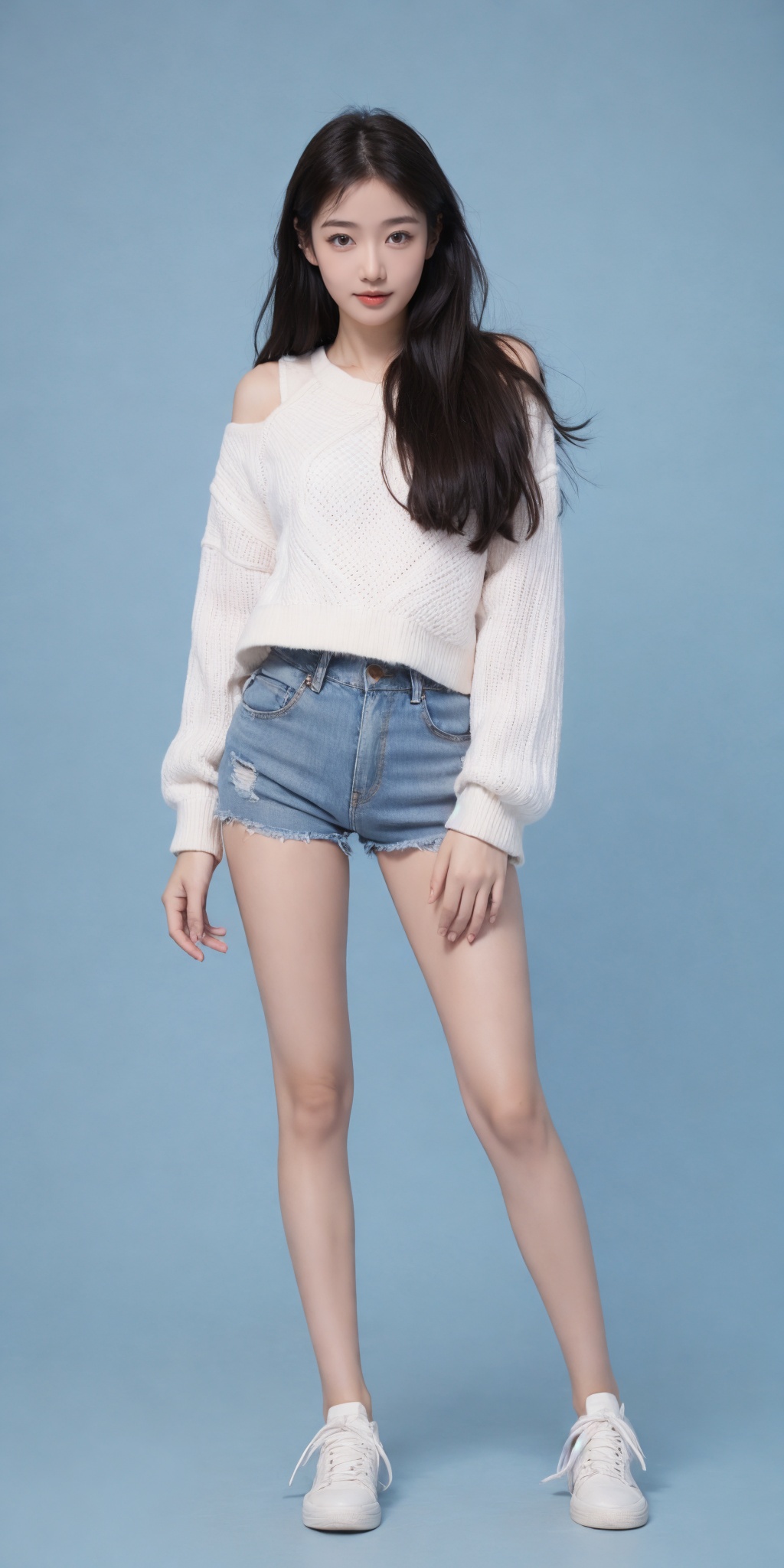 1girl,(standing:1.3),(denim_shorts:1.2),(blue background:1.3),(white sweater:1.2),white sneaker,long hair,