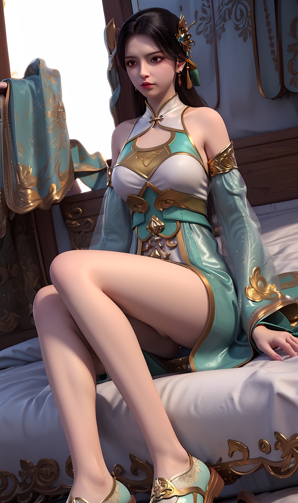 3D,masterpiece,(best quality),(makeup),official art, extremely detailed cg 8k wallpaper,((crystalstexture skin)), (extremely delicate and beautiful),(highly detailed),(face),(tassel),(collar),(gold),,(wide_sleeves),(1girl), (solo), (jewelry), (earrings),(black_hair),(long_hair),(hair_ornament),(handwear),(breasts),(sitting),(full_body,whole_body),(off-shoulder_dress),(closed_mouth),(long_skirt),(chinese_clothes),(multicolored_clothes),(multicolored_dress),(shiny_clothes),(city,outdoor,bed),(gown),(shorts),(long_legs),,((looking_at_viewer)),((Facing the camera)),(shoes), (cloth_shoes),(flat_shoes),, <lora:hipoly3DModelLora_v10:0.3>