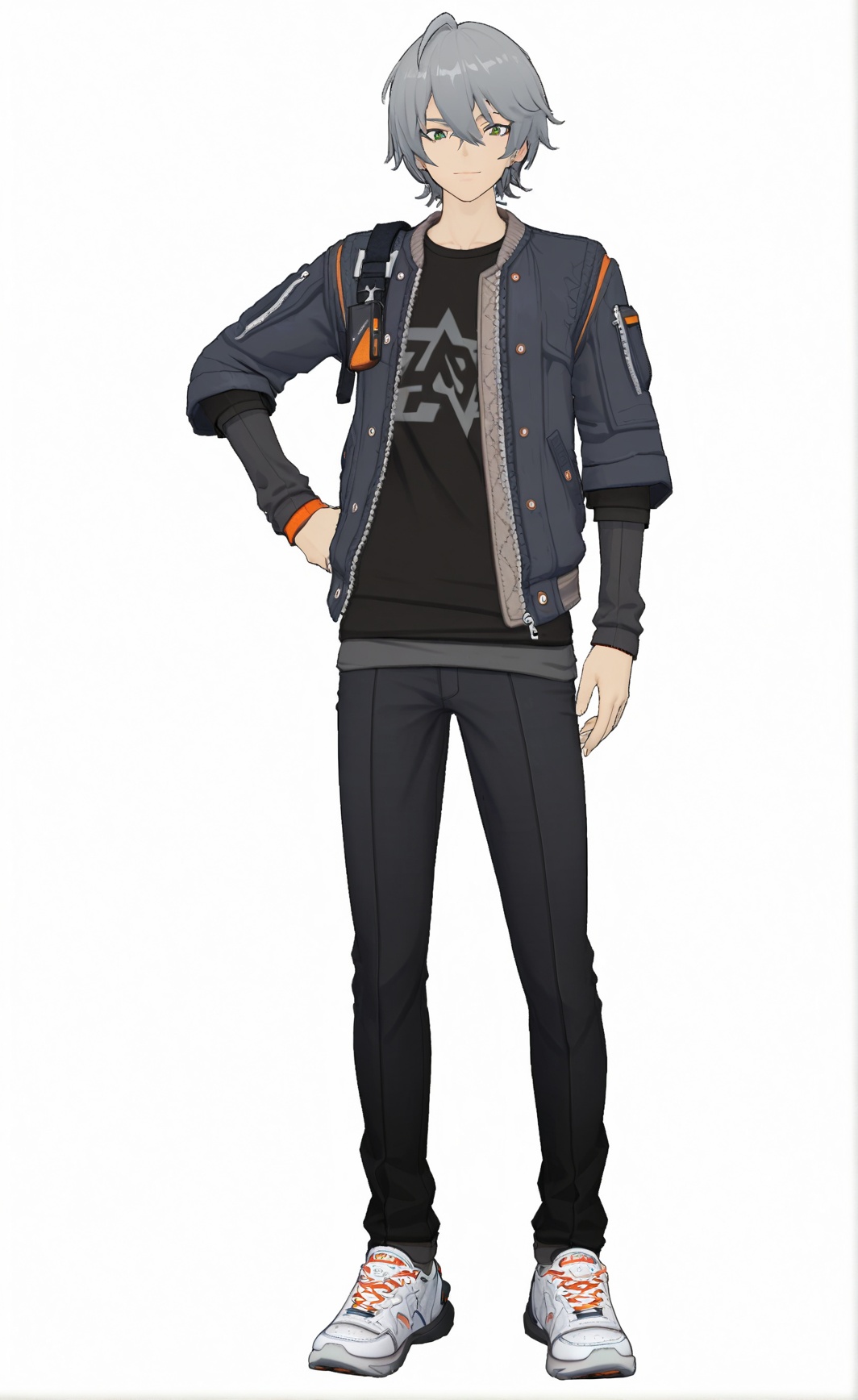8k, best quality, masterpiece, (ultra-detailed), (high detailed skin), (white background), (full body:1.2), (white background), standing, looking at viewer, (solo:1.2), hands on  hip, <lora:zzzstyle-A3-Tanger-000014:0.8>, zhe, zhe's def clothes, zzz style, 1boy, jacket, sneakers, grey hair, shoes, pants, 