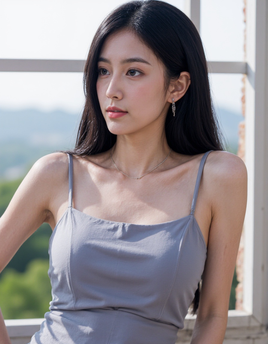 realistic, photorealistic, upper body, 1girl, solo, black hair, long hair, dress, jewelry, earrings,  looking at viewer, outdoors,