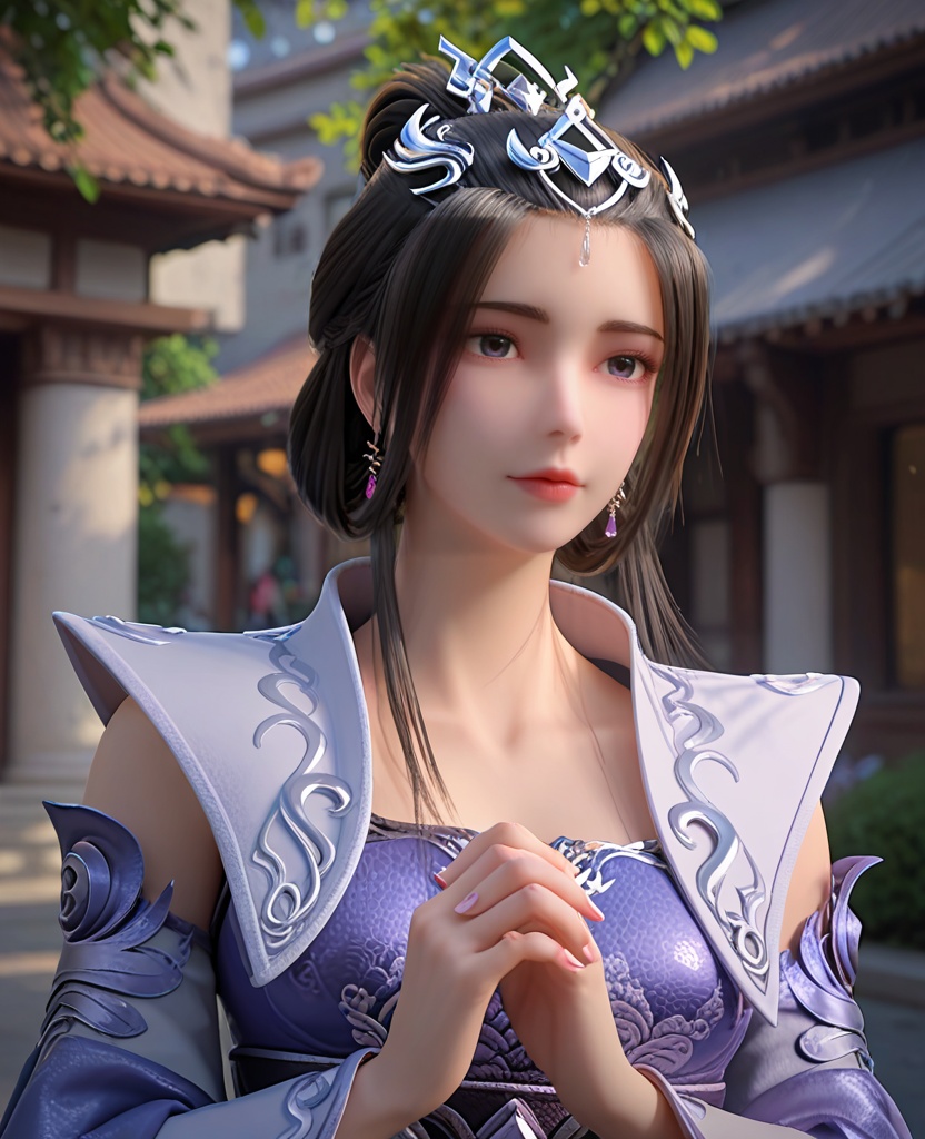 (oriental architecture, elegant decor, sophisticated style:1.1),Standing with hands clasped in front, looking serene,(breasts:1.2),<lora:XL完美世界云梦岚>,miss yunmenglan,solo,blue dress,white vest,blue eyes,hair ornament,black hair,hanging hair,hair bun,earrings,sash,detached sleeves,lips,clothing patterns,, zPDXL2, score_9, score_8_up, score_7_up BREAK realistic, masterpiece,best quality, highly detailed,, zPDXL3, zPDXL2,zPDXL, zPDXLxxx, zPDXLrl,