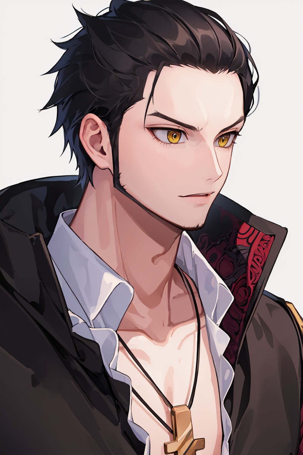 masterpiece,best quality, highly detailed, 1boy,dracule mihawk,male focus,solo,looking to the side,upper body,necklace,simple background,white background,closed mouth,collared shirt,mature male,portrait,white shirt,<lora:dracule_mihawk:1>