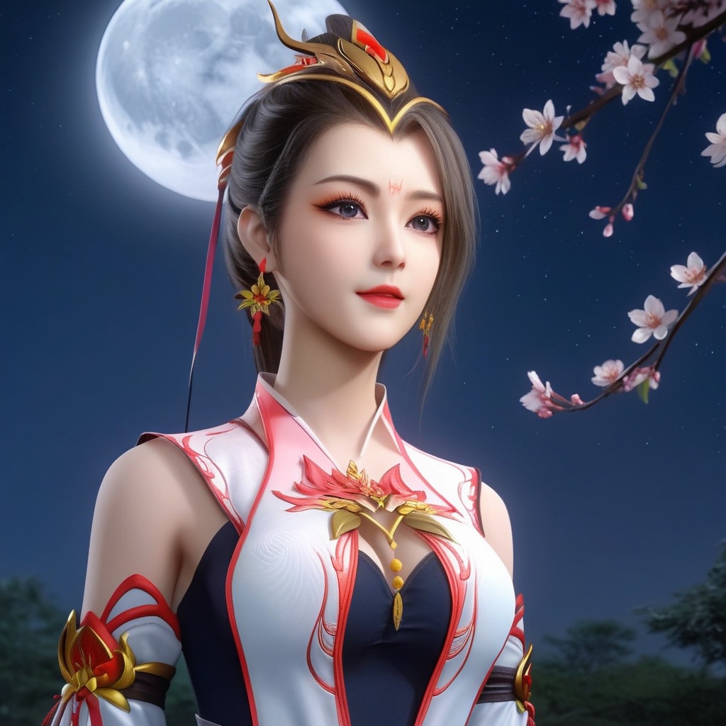 <lora:710-DA-XL-师兄啊师兄-酒玖:0.8>(,1girl, ,best quality, ),looking at viewer,  ,ultra detailed background,ultra detailed background,ultra realistic 8k cg,, ,masterpiece, (( , )),, ,   ,   cure blossom, full moon,night,night sky,  (cleavage), (), ,, 