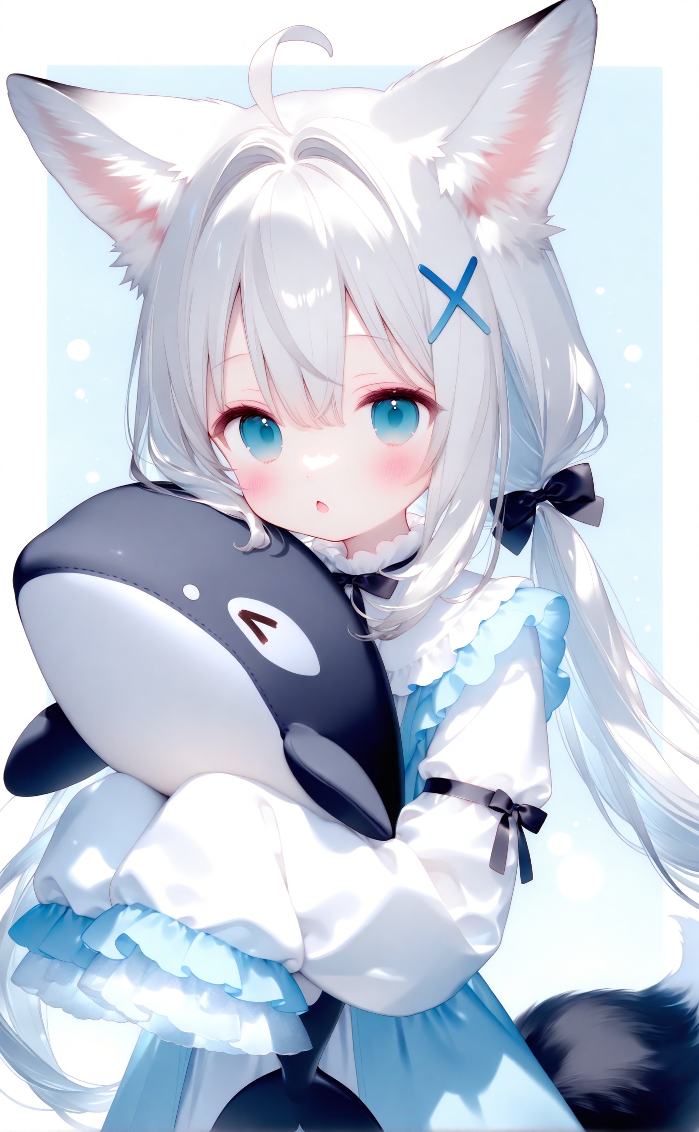 alens,1girl, animal ears, hair ornament, white hair, blue eyes, long hair, sleeves past fingers, sleeves past wrists, tail, bow, ahoge, looking at viewer, x hair ornament, twintails, low twintails, animal ear fluff, solo, blush, long sleeves, hair bow, fox ears, blue bow, :o, fox girl, upper body, shirt, white shirt, hugging object, blue background, fox tail, parted lips, chestnut mouth, open mouth, hair between eyes, >_<, dress, black bow, simple background, two-tone background, white background, very long hair, open clothes, white border, sidelocks, border, frilled sleeves, grey hair, aqua eyes, hairclip, hair intakes, frills, dot nose, stuffed toy, virtual youtuberarm garter, orca<lora:Alens zz up-000021:0.8>