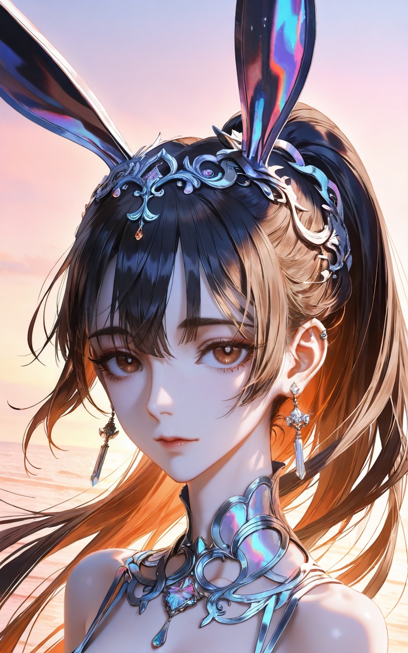 <lora:小舞ill-0.0793:0.6>,xiaowu,1girl,solo,hair ornament,long hair,looking at viewer,rabbit ear headwear,ponytail,brown hair,brown eyes,black hair,jewelry,earrings,portrait,close-up details,outstanding style,adding a touch of dimension to your images without compromising details,whirls of vapor,iridescent textures,(Anime:1.1),ethereal ambiance,delicate details,magical high-concept,32K UHD,sharp focus,best-quality,masterpiece,golden hour,unconventional supreme masterpiece,masterful details,temperate atmosphere,with a high-end texture,in the style of fashion photography,photography,cover,dynamic angle,dynamic posture,(artist:quasarcake:0.8),extreme aesthetic,(wlop:0.6),(honjou raita, lack, rella:0.5, wanke),masterpiece,best quality,good quality,very aesthetic,absurdres,visual impact,a shot with tension,ultra-high resolution,32K UHD,sharp focus,best-quality,masterpiece,emotionalization,unconventional supreme masterpiece,masterful details,temperate atmosphere,with a high-end texture,in the style of fashion photography,(visual impact:1.2),giving the poster a dynamic and visually striking appearance,impactful picture,official art,colorful,splash of color,movie perspective,masterpiece,best quality,amazing quality,very aesthetic,absurdres,best quality,newest,