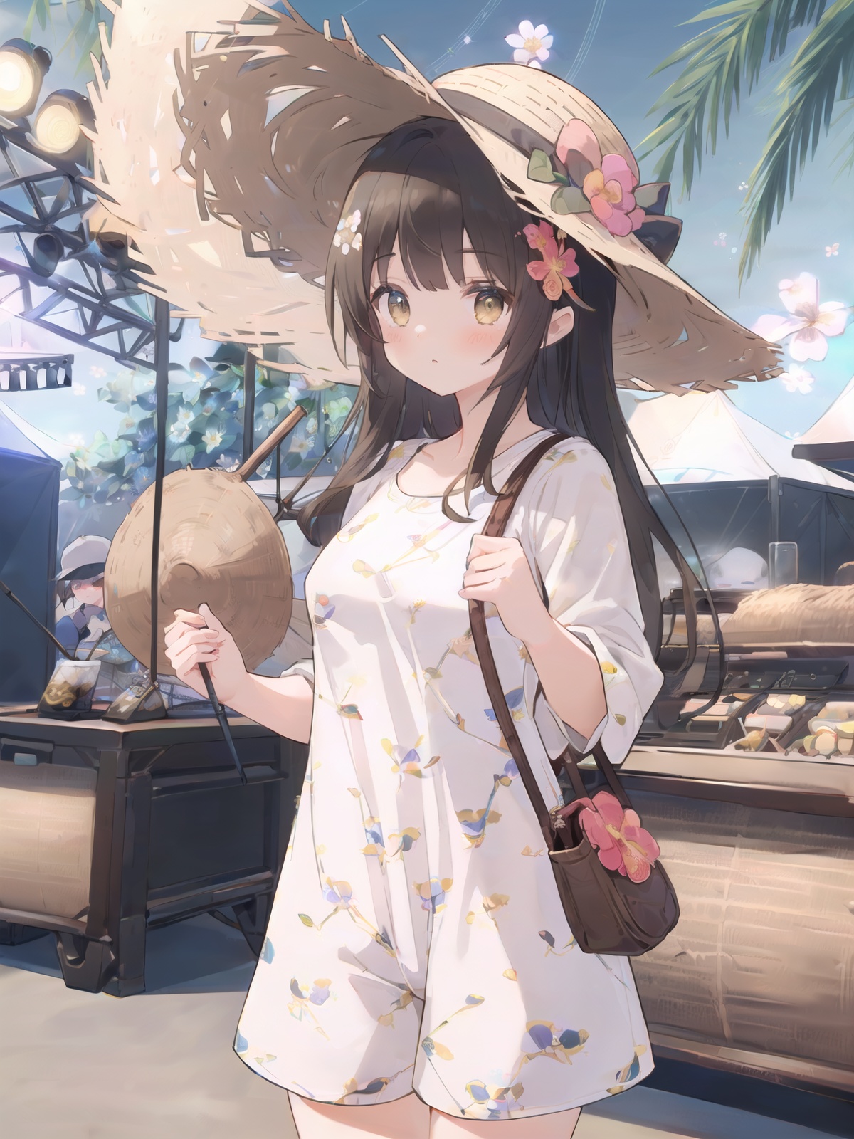 1girl,(Floral_printed_romper:1.5),(Straw_wide-brim_hat:1.4),(Rattan_crossbody_bag:1.3),(Music_festival_background:1.4),, (masterpiece,best quality,ultra_detailed,highres,absurdres:1.2)