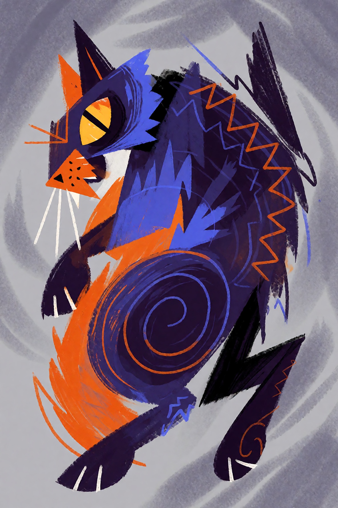 Abstract composition suggesting a cat mid-pounce. The form is built from sharp,  angular shapes and sweeping curves in con...