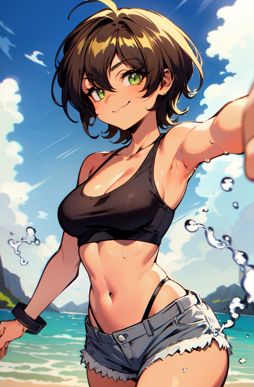 ultra highres,masterpiece,best quality,1girl,solo,long hair,smile,dark-skinned female,navel,bracelet,looking at viewer,medium breasts,green eyes,**** top,day,sky,shorts,outdoors,brown hair,water,cloud,short hair,splashing,dynamic pose,pov,1990s \(style\),(retro artstyle:1.1),