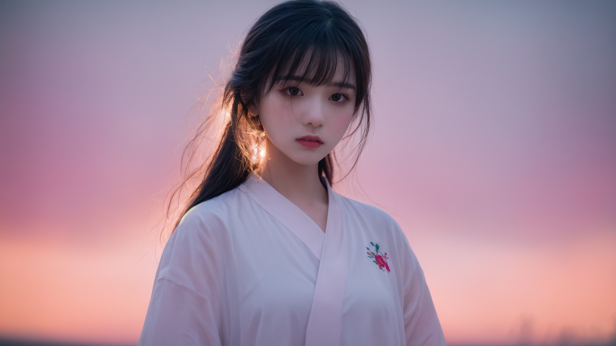masterpiece, best quality, highly detailed, ultra-detailed, Professional photography, full body,1girl, (wide eyed), [Noble and gorgeous hanfu|Ruqun], applique, embroidery,8k, exposure blend, medium shot, bokeh, (hdr:1.4), high contrast, (cinematic, pink and white film), (muted colors, dim colors, soothing tones:1.3), low saturation, (hyperdetailed:1.2), (noir:0.4),