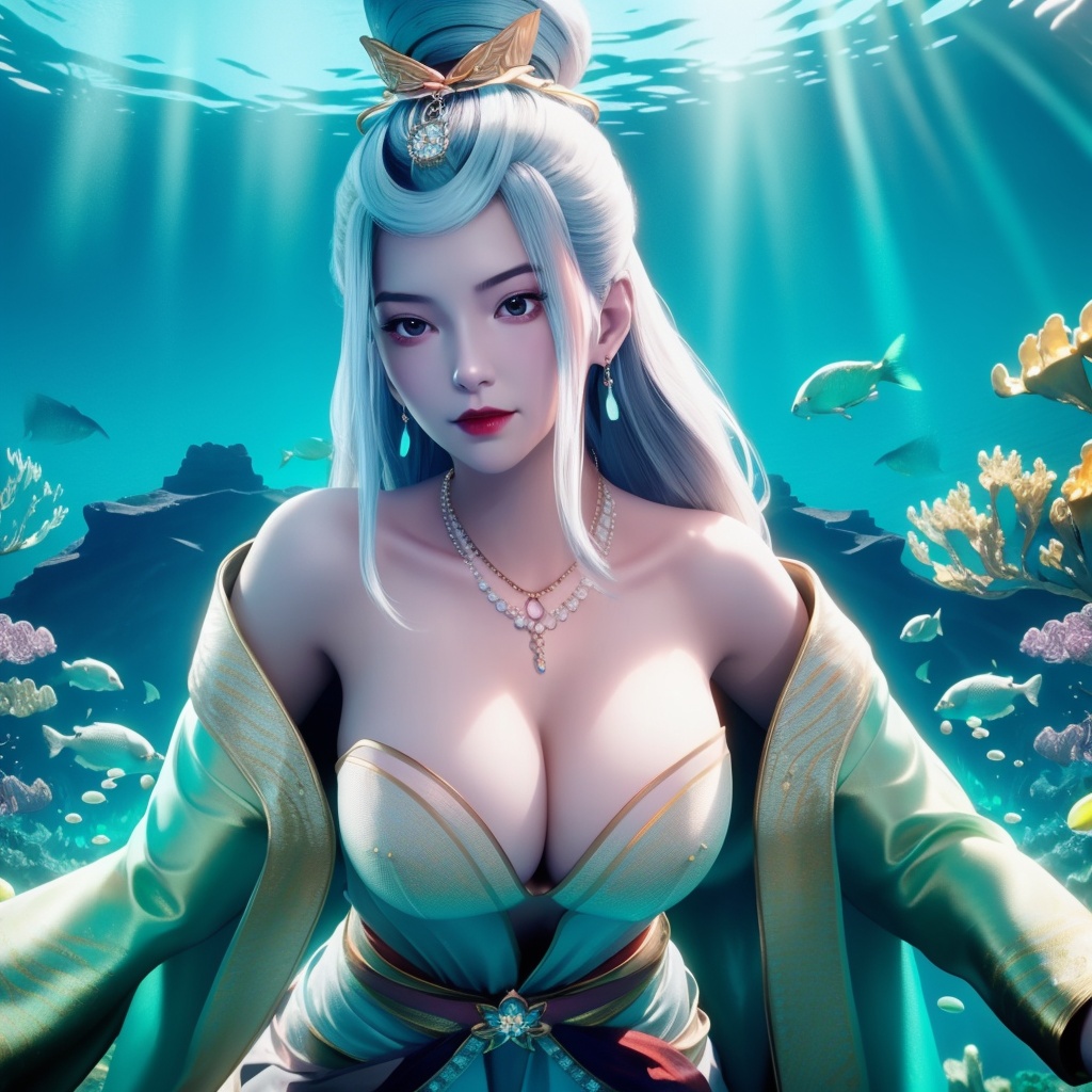 <lora:769-DA-念无双-韩女:0.8>, (,1girl, ,best quality, ),looking at viewer,masterpiece, ((((, solo,  , ,solo focus, ,underwater, )))) ,ultra realistic 8k cg,   clean, masterpiece,     cinematic lighting, cinematic bloom,  (( , )),, , unreal, science fiction, luxury, jewelry, diamond, gold, pearl, gem, sapphire, ruby, emerald, intricate detail, delicate pattern, charming, alluring, seductive, erotic, enchanting, hair ornament, necklace, earrings, bracelet, armlet,,(cleavage),,