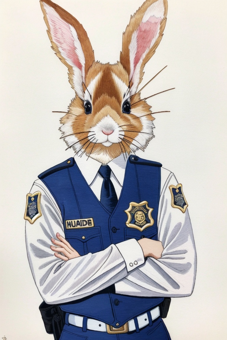 ((HRD, HUD, 8K)),((masterpiece, best quality)), highly detailed,Embroidery, crossed arms, purple eyes, solo, traditional media, looking at viewer, vest, shirt, furry, rabbit, long sleeves, upper body, uniform, rabbit ears, police, blue vest, animal, smile, animal ears, police uniform, animal focus, white shirt, closed mouth, <lora:20240520-1716211516835:0.8>
