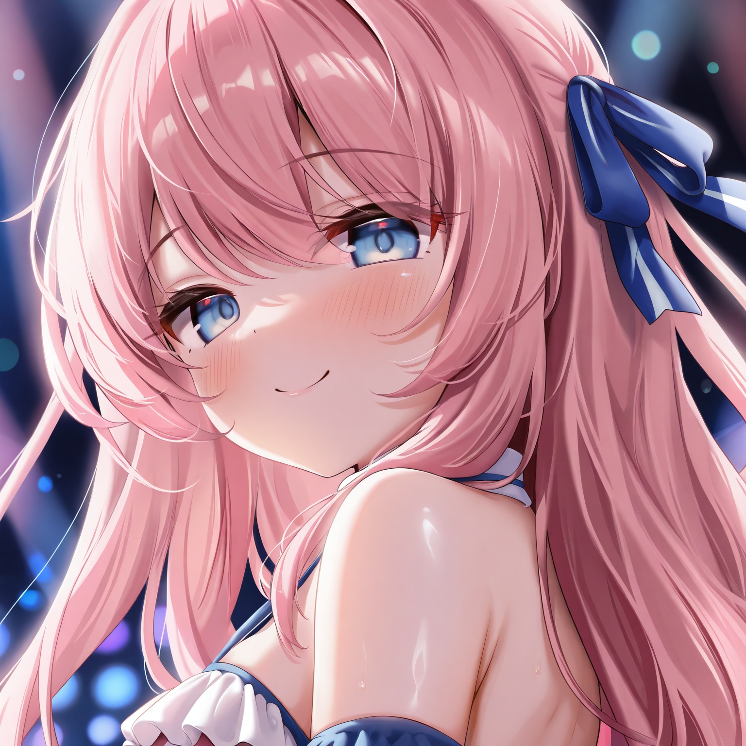 masterpiece,absurdres,best quality,((petite)),loli,high quality,chromatic_aberration,shiny_skin,//,1girl, solo,long_hair, pink_hair, blue_eyes,upper_body, portrait, head_and_shoulders, close-up,idol_outfit, frills, ribbon,looking_at_viewer, bright_smile,stage_light, soft_glow,colorful_background, bokeh,high_saturation, clean_style, masterpiece//,<lora:kokuto_(kurousagi1210)——【CKXL】hans:0.88>,