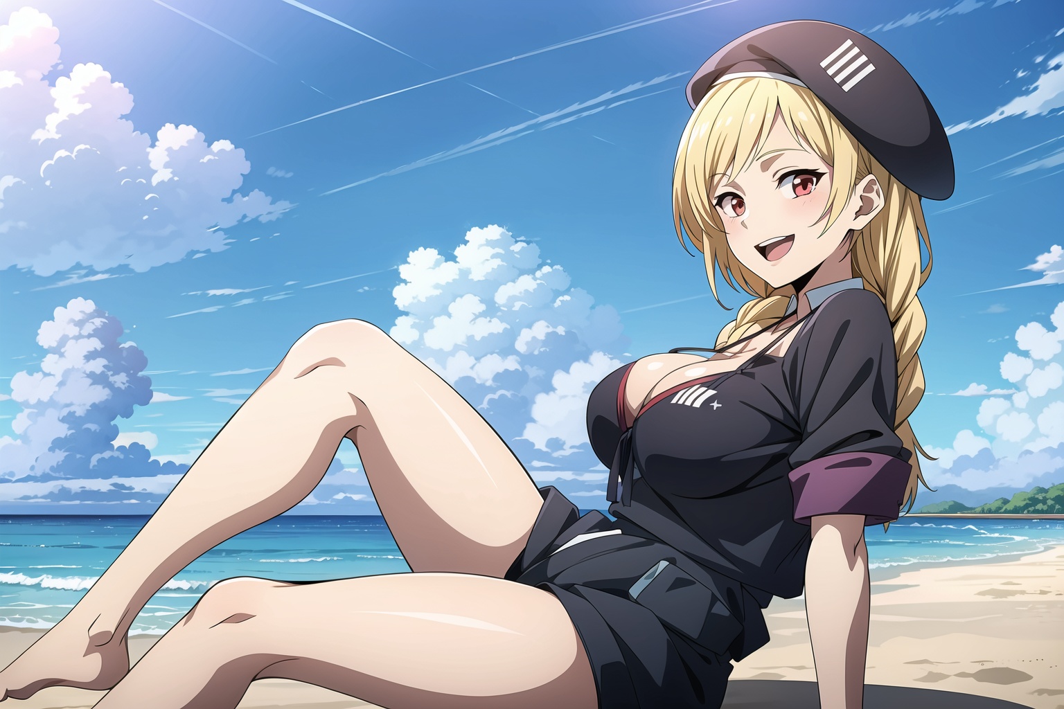 masterpiece,best quality,(beach),sky,1girl,beret,blonde hair, braid, long hair,single braid,red eyes, solo,((black bikini)),(string bikini),(huge breasts),short sleeves,(smile),open mouth,looking at viewer,sitting, <lora:sailika:0.6>, <lora:add_detail:0.5>,