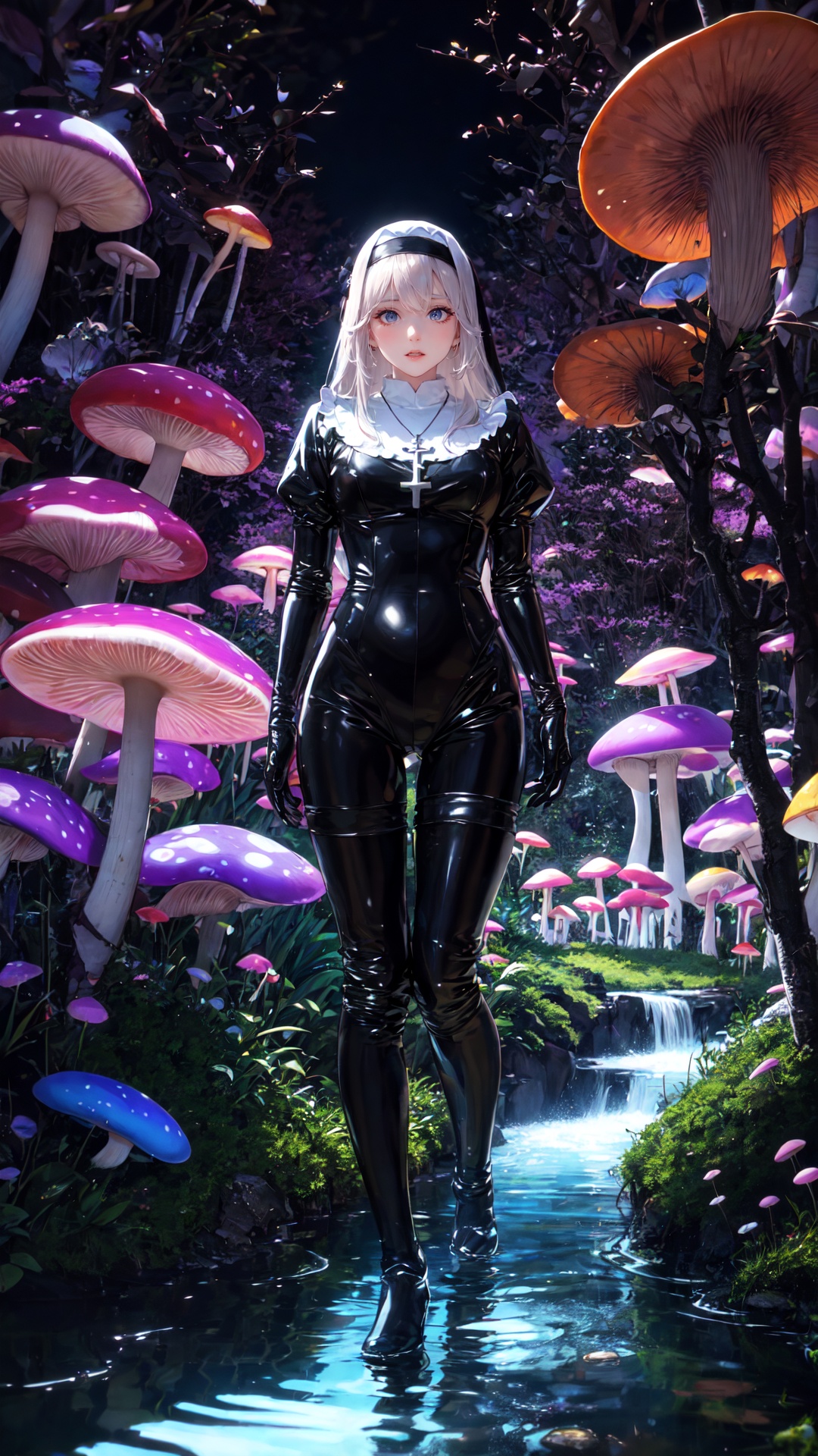 tutututu, nun,cross necklace, latex bodysuit, shiny clothes,thigh_boots,***** Alice in wonderland standing in stream, large mushrooms in background , highly detailed,  Beautiful lighting, photoreal, 4k, depth of field, night scene, light from godrays shining on ground, <lora:tutu修女:0.65>
