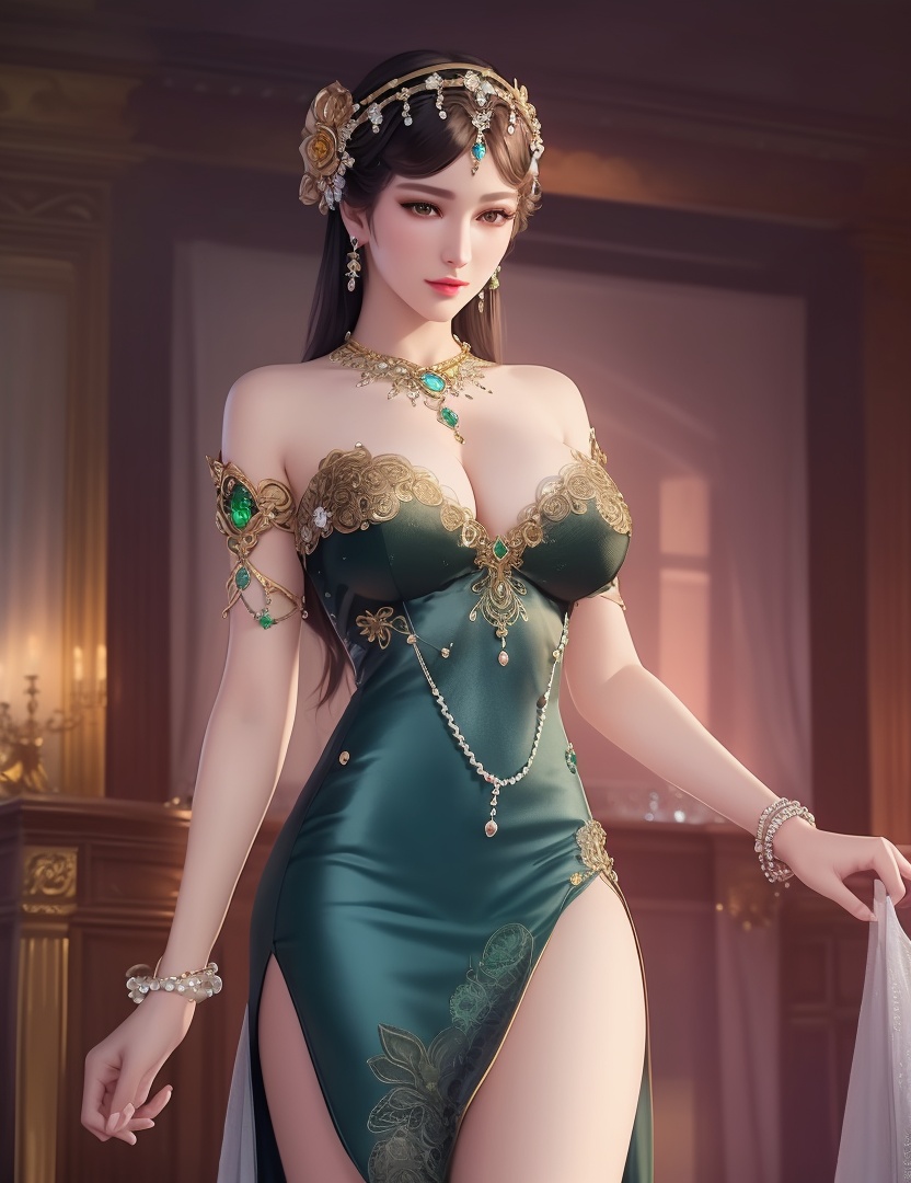 ultra realistic 8k cg, picture-perfect face, flawless, clean, masterpiece, professional artwork, famous artwork, cinematic lighting, cinematic bloom, perfect face, beautiful face, fantasy, dreamlike, unreal, science fiction,  beautiful clothes, lace, lace trim, lace-trimmed legwear,  (rich:1.4), prestige, luxury, jewelry, diamond, gold, pearl, gem, sapphire, ruby, emerald, intricate detail, delicate pattern, charming, alluring, seductive, erotic, enchanting, hair ornament, necklace, earrings, bracelet, armlet,halo((,1girl, pov,))(((,  1girl,  solo,looking at viewer, ))),(((1girl, solo, dress, jewelry,large breasts, )))<lora:DA_WhiteSnakeGreenSnake:0.7>