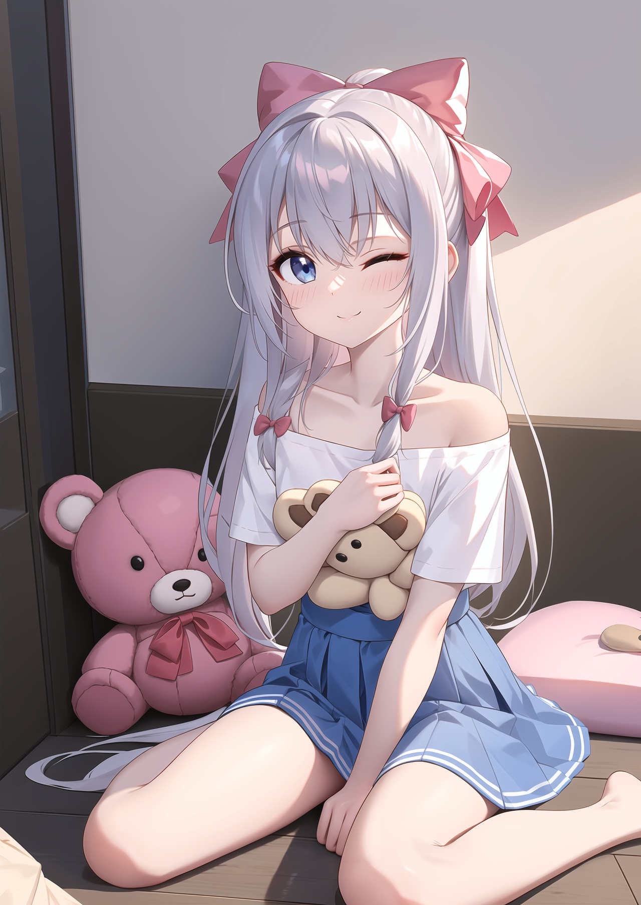 masterpiece,best quality,1girl,long hair,stuffed toy,stuffed animal,solo,one eye closed,blue eyes,bow,sitting,shirt,hair bow,blush,looking at viewer,pink bow,smile,white hair,t-shirt,ribbon,white shirt,short sleeves,teddy bear,off shoulder,wariza,collarbone,indoors,closed mouth,grey hair,