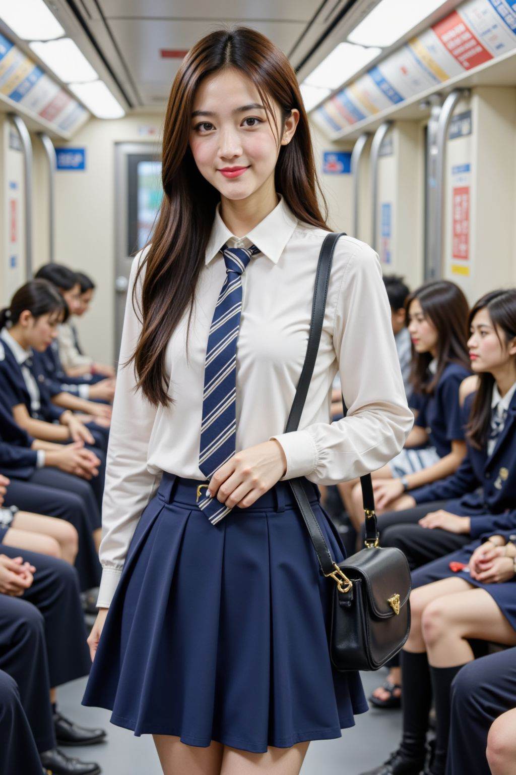 The image shows a young woman standing in what appears to be a train or subway carriage. She is wearing a white blouse with long sleeves and a striped tie, paired with a navy blue pleated skirt. She has a black shoulder bag and is holding the strap with one hand. Her hair is long and straight, and she is looking directly at the camera with a slight smile. In the background, there are other passengers seated, some of whom are also wearing school uniforms. The carriage is well-lit, and there are signs and advertisements visible on the walls. The overall setting suggests a public transportation environment.