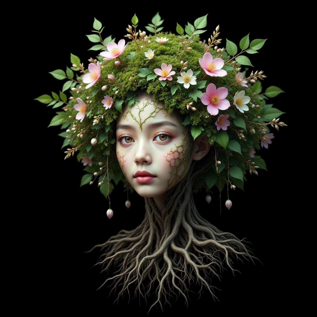 Medium shot of a forest spirit or of an alive blossoming cherry tree with ethereal face of a youthful light-skinned East A...