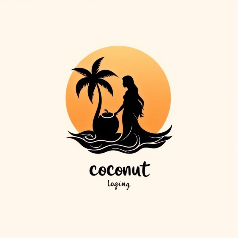 Black and white logo,long hair woman,coconut tree,cursive font "logo" below,minimalist style,clean lines,geometric shapes,black,white,orange,gradient orange and brown background,natural light from top left,soft shadows,<lora:印纹(3):1>,