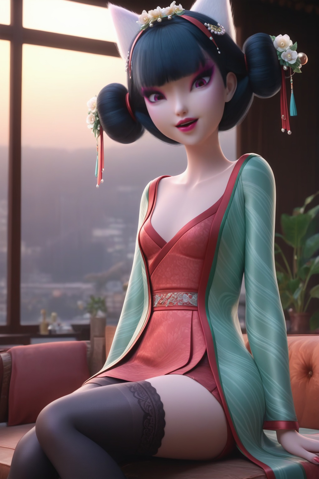 fangzhu,<lora:fangzhuXL:0.6>,kid,sitting, score_9,score_8_up,score_7_up,32K UHD,8k,4k,best quality,extremely detailed cg 8k wallpaper,ultra-detailed,masterpiece,sharp focus,unconventional supreme masterpiece,masterful details,temperate atmosphere,with a high-end texture,translucent,luxurious sharp focus,intense,dynamic cinematic color,intricate detail,located artistic,Fashion and art,elegant and sophisticated,innovative use of light and shadow,decorative,allegorical,symbolic,low saturations,dim lighting,1girl,solo,looking at viewer,{sexy stockings|cowl neck stockings|black stockings|plaid tights|nude stockings|thigh-high socks|leggings|pantyhose|seamless stockings},pale_skin,(shiny_skin:0.8),framed breasts,high detailed skin,petals,day,detailed living room,small breasts,hair ornament,makeup,red eyes,black hair,hair bun,red lips,blunt bangs,bangs,eyeshadow,animal ears,japanese clothes,robe,cowboy shot,