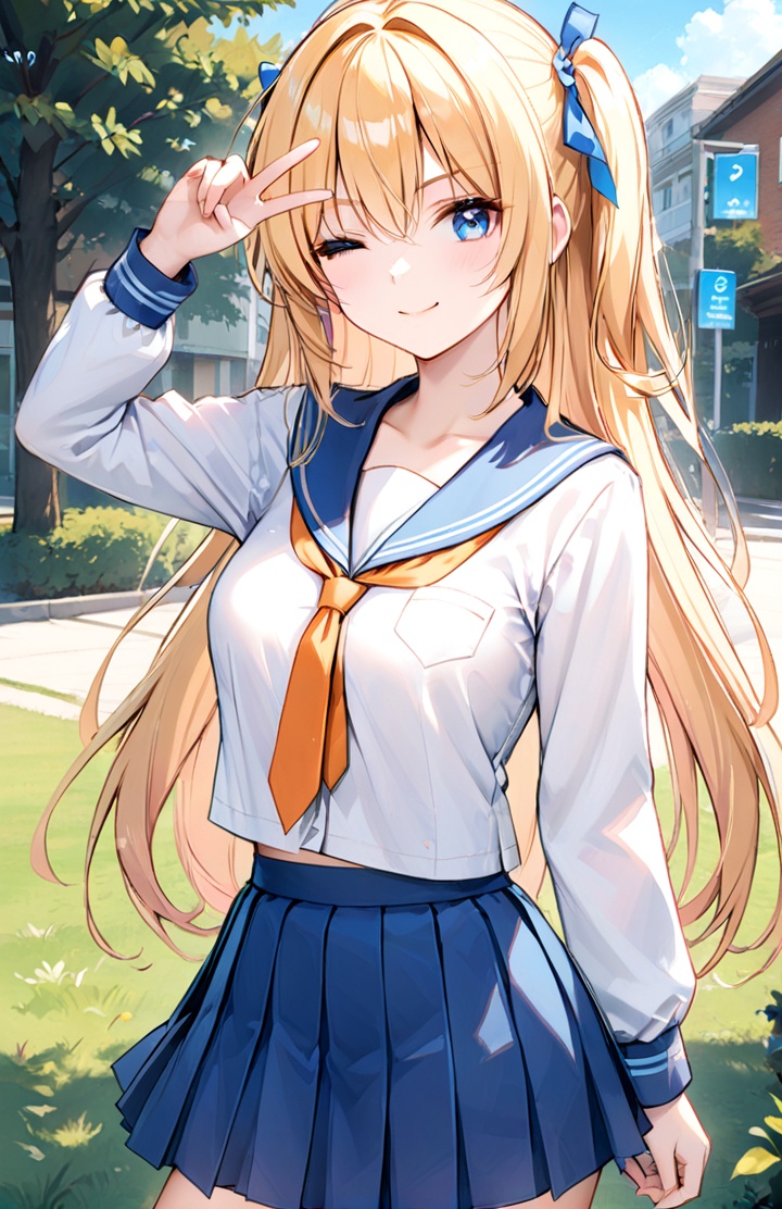 1girl, thighhighs, skirt, solo, blonde hair, outdoors, one eye closed, long hair, smile, pleated skirt, blue eyes, shirt, blue skirt, hand on hip, black thighhighs, school uniform, white shirt, zettai ryouiki, day, long sleeves, looking at viewer, necktie, orange necktie, ribbon, v, hair ribbon, tree, sailor collar, serafuku, cowboy shot, closed mouth, sky, grass, ,), standing, blue sailor collar, cloud, very long hair, v over eye, bangs, miniskirt, blue sky, breasts, hand up, flower, blush, contrapposto, building, hair between eyes, v-shaped eyebrows