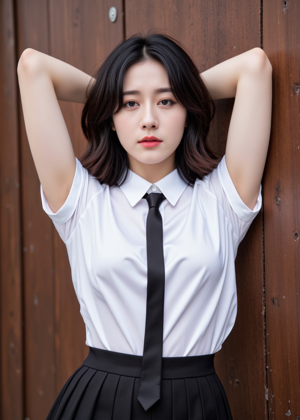 The image is a portrait of a young woman standing in front of a wooden wall. She is wearing a white collared shirt with a black tie and a black pleated skirt. Her hair is styled in loose waves and she is looking directly at the camera with a serious expression. Her arms are raised above her head and her hands are resting on her head. The overall mood of the image is serious and edgy.