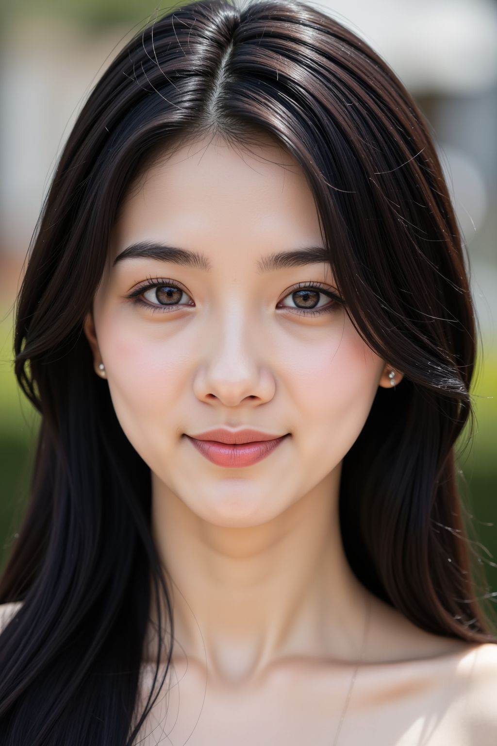 instagram photo, closeup face photo of 20 y.o, brown eyes, pale skin, smirk, black long straight hair, elegant dress, outdoors,