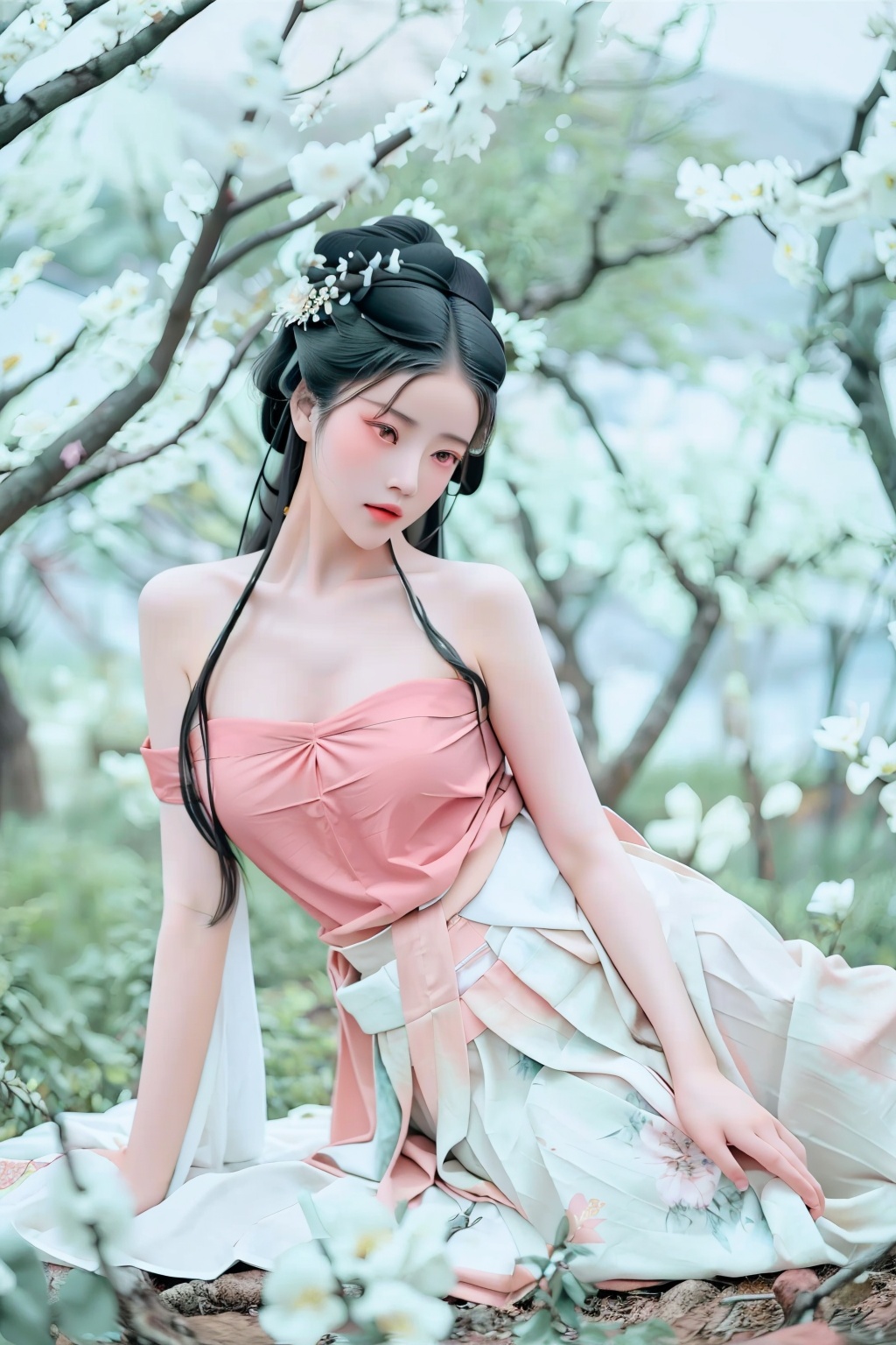 wfot-white-flowers-on-tree,1girl,whpls-white-hanfu-pleated-long-skirt,wh-white-hanfu,pb-pink-bellyband,solo,long hair,black hair,hair ornament,bare shoulders,flower,lying,hair flower,tree,on side,realistic,branch,<lora:taqing:0.8>,