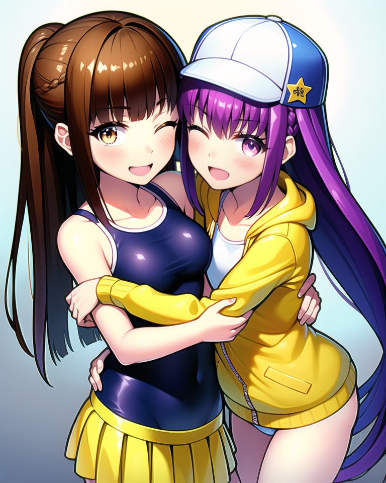 (best quality), ((masterpiece)), (highres), illustration, original, extremely detailed,  <lora:yongyiduoren:0.8>yyds, kishinami hakuno \(female\), bb \(fate\), multiple girls, swimsuit, 2girls, long hair, bb \(swimsuit mooncancer\) \(fate\), hat, brown hair, brown eyes, one eye closed, purple eyes, purple hair, open mouth, blush, hug, braid, smile, ponytail, yellow jacket, very long hair, baseball cap, yuri, one-piece swimsuit, star \(symbol\), bikini, backwards hat, school swimsuit, bangs, jacket, yellow skirt, star hat ornament, hat ornament, single braid, looking at viewer, skirt, long sleeves