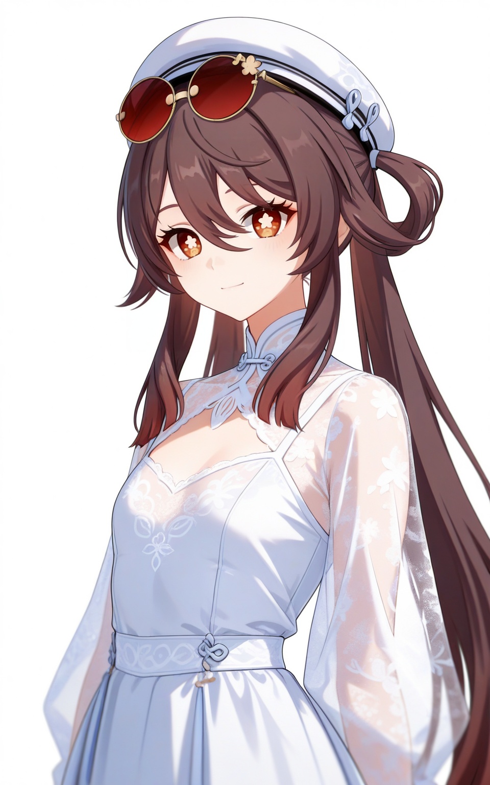 depth of field,masterpiece,best quality,very aesthetic,alternate costume,alternate costume,2024,2023,perfect composition,ultra-detailed,extreme aesthetic,masterpiece,best quality,good quality,newest,year 2024,year 2023,very aesthetic,absurdres,looking_at_viewer,colorful,white_background,simple background,upper_body,see-through,dress,<lora:胡桃·衣服百搭款ILL:0.8>,hu tao \(genshin impact\),brown hair,long hair,twintails,hair ring,eyewear on head,red-tinted eyewear,red eyes,symbol-shaped pupils,white hat,flower-shaped pupils,