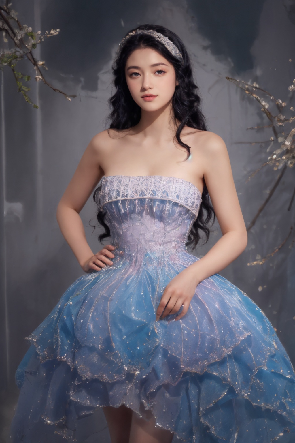 1 girl,Bare shoulders,barefooted,Blue dress,dress,pantyhose,Rhinestones,Strapless dress,solo,<lora:精灵舞裙0407-000004:0.8>,long hair,