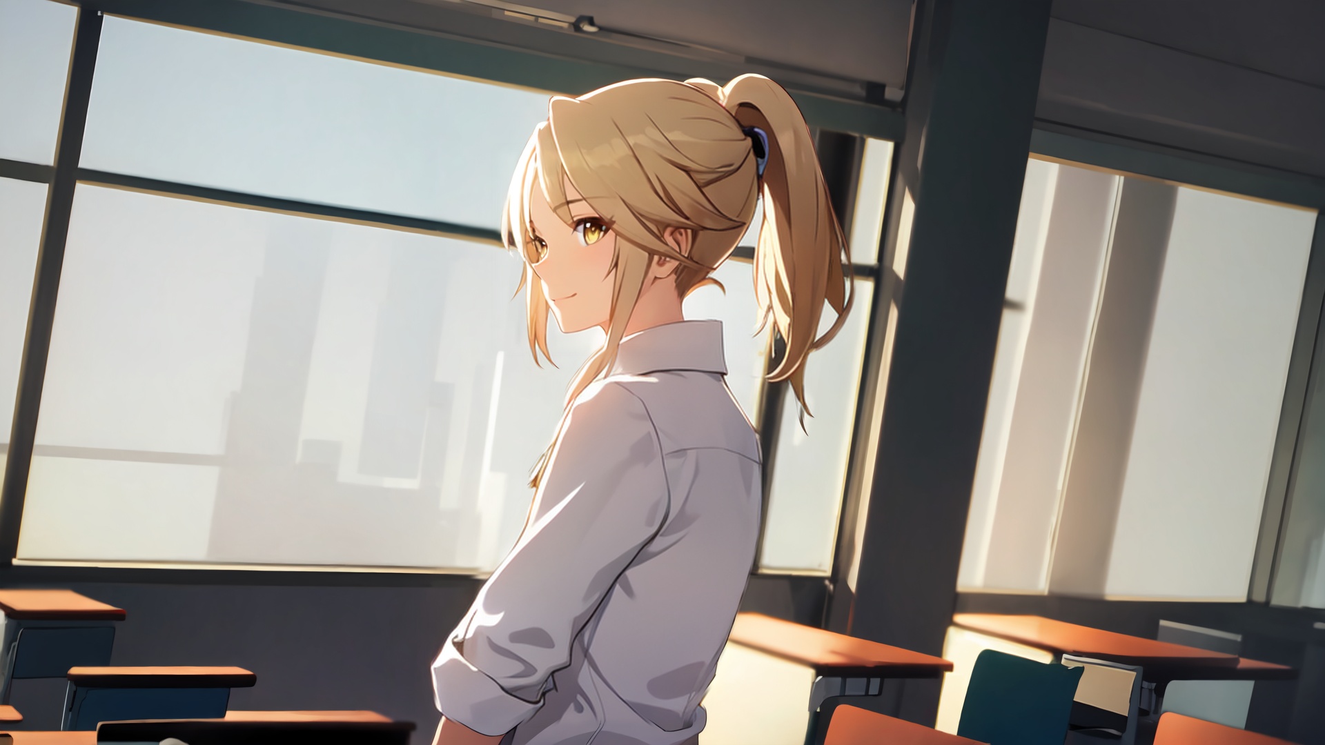 <lora:yanqing:0.8>,yanqing,1boy,solo,male focus,looking at viewer,sunlight,(smile:0.8),perfect face,closed mouth,(white shirt:1.4),pants,ponytail,parted bangs,sunglasses on head,blonde hair,yellow eyes,extremely detailed CG unity 8k wallpaper,masterpiece,best quality,highres,best illumination,best shadow,an extremely delicate and beautiful,dynamic angle,ultra-detailed,high contrast,upper body,cowboy shot,colorful,depth of field,upper body,from side,classroom,school_desk,office_chair,window_,door,detailed,