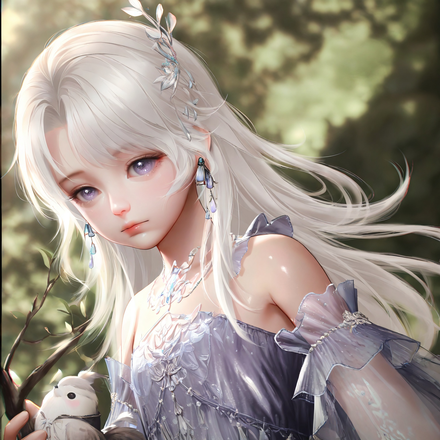 masterpiece,very aware,highres,absurdres,newest,best quality,loli,petite,high quality,chromatic_aberration,cinematic_angle,dutch angle,//,loli,1girl,solo,long hair,upper body,white hair,hair ornament,expressionless,looking at viewer,purple eyes,closed mouth,bare shoulders,dress,holding,branch,bird,jewelry,blurry background,blurry,earrings,detached sleeves,//,official art,depth of field,detailed light,blurry background,best shadow,shiny skin,cinematic lighting,ray tracing,amazing quality,very aesthetic,absurdres,beast quality,ultra detailed,newest,8K,HDR,//,<lora:touxiang22——【noob】hans:1>,